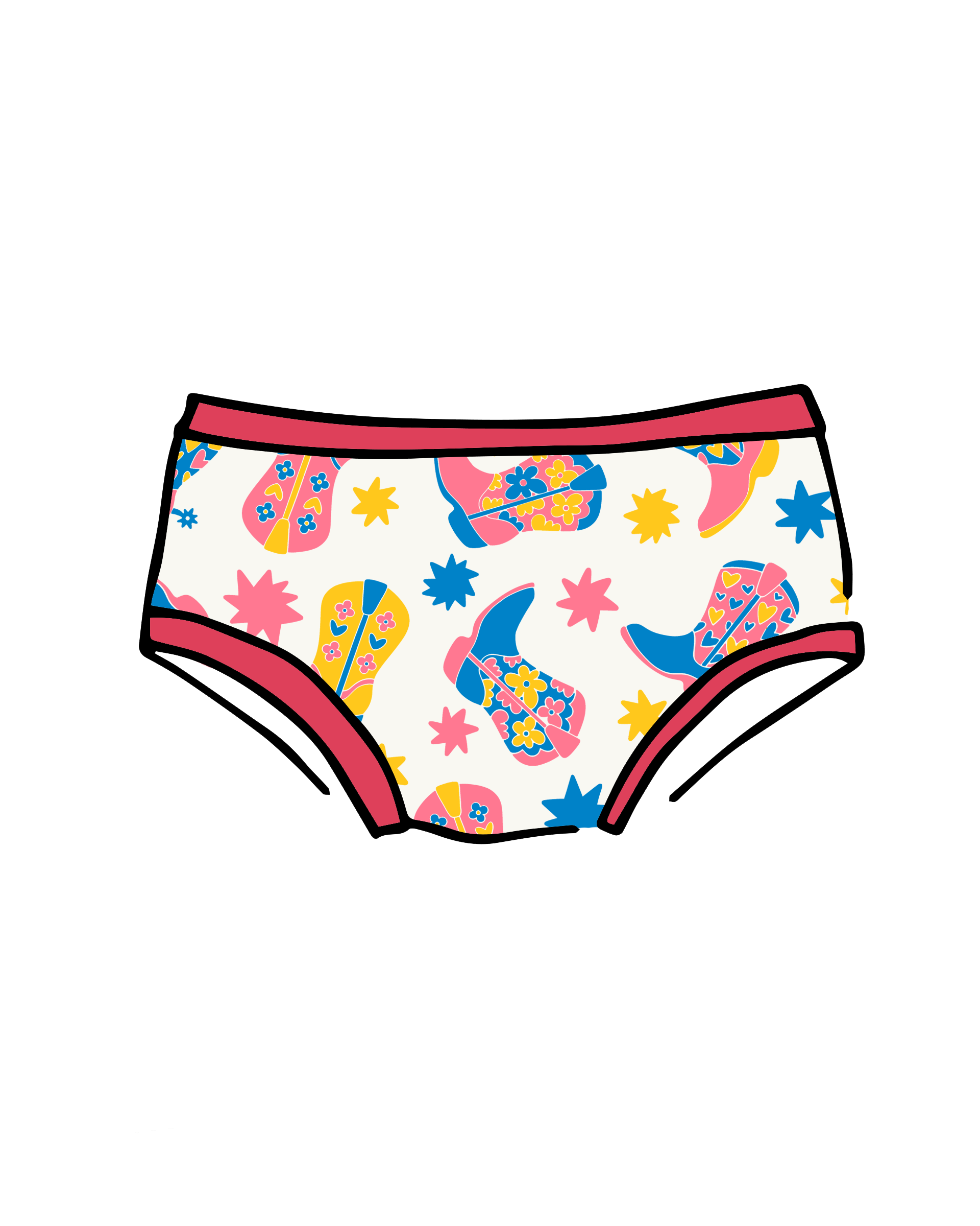 Drawing of Thunderpants Kids style underwear in Boot Scootin' print.