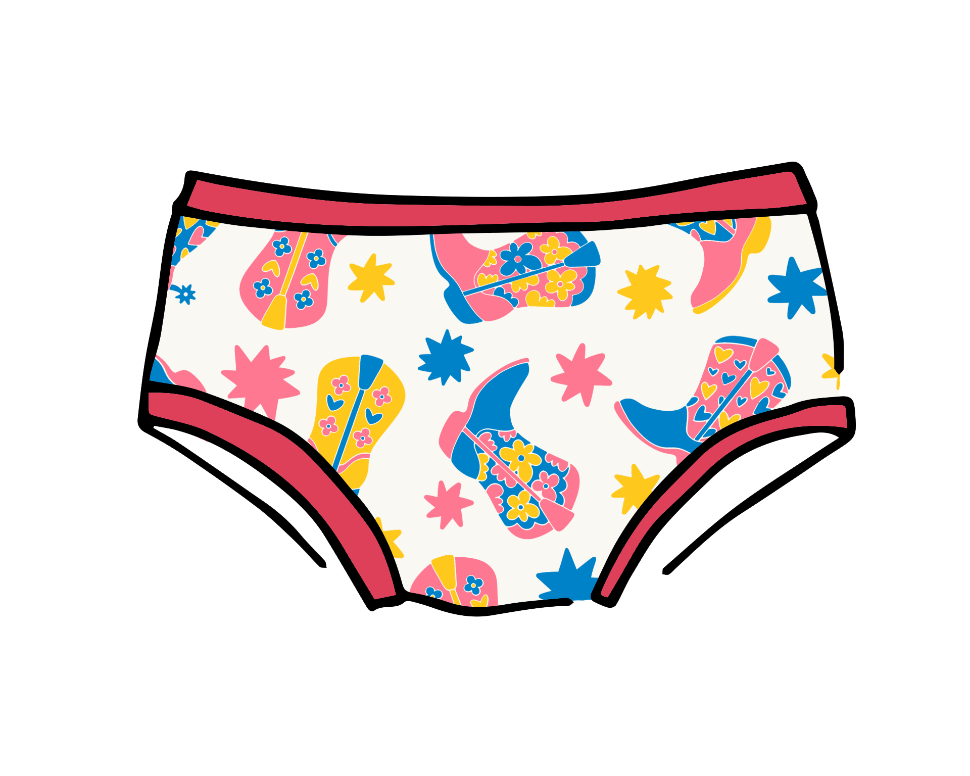 Drawing of Thunderpants Kids style underwear in Boot Scootin' print.