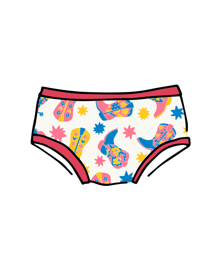 Drawing of Thunderpants Kids style underwear in Boot Scootin' print.