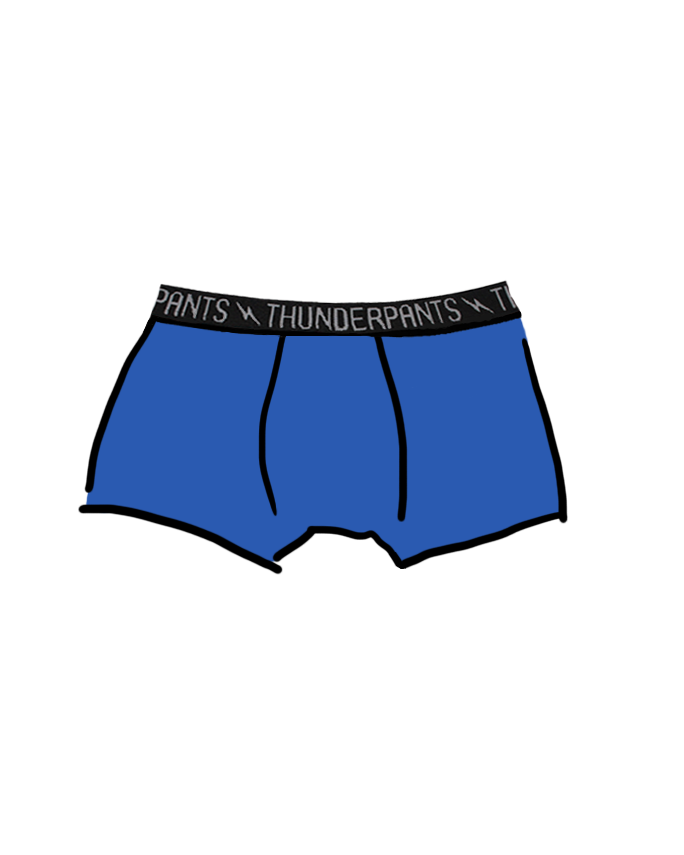 Drawing of Thunderpants Kid's Boxer Brief style underwear in Blueberry Blue  print.