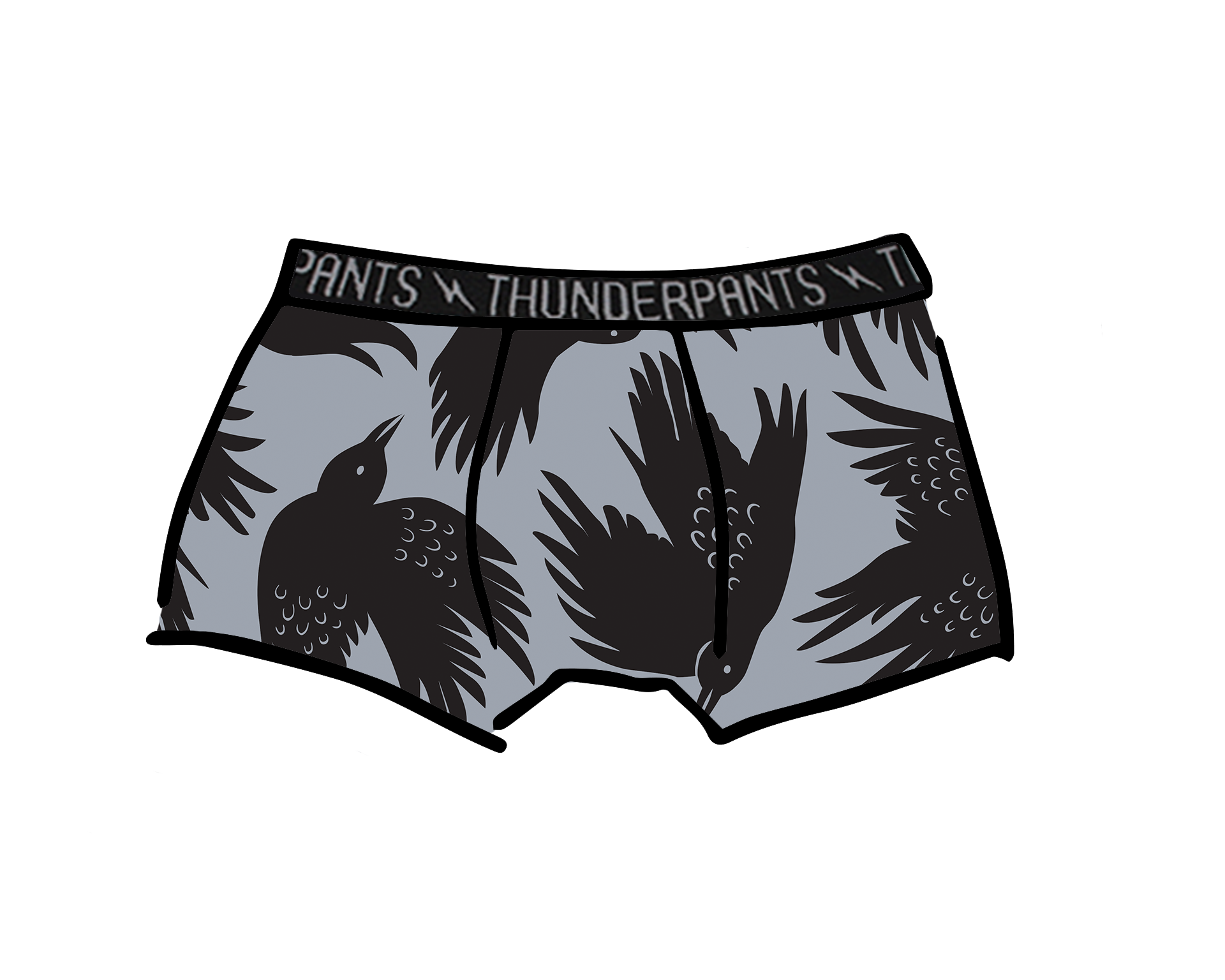 Drawing of Thunderpants Kid's Boxer Brief style underwear in So it Crows print.