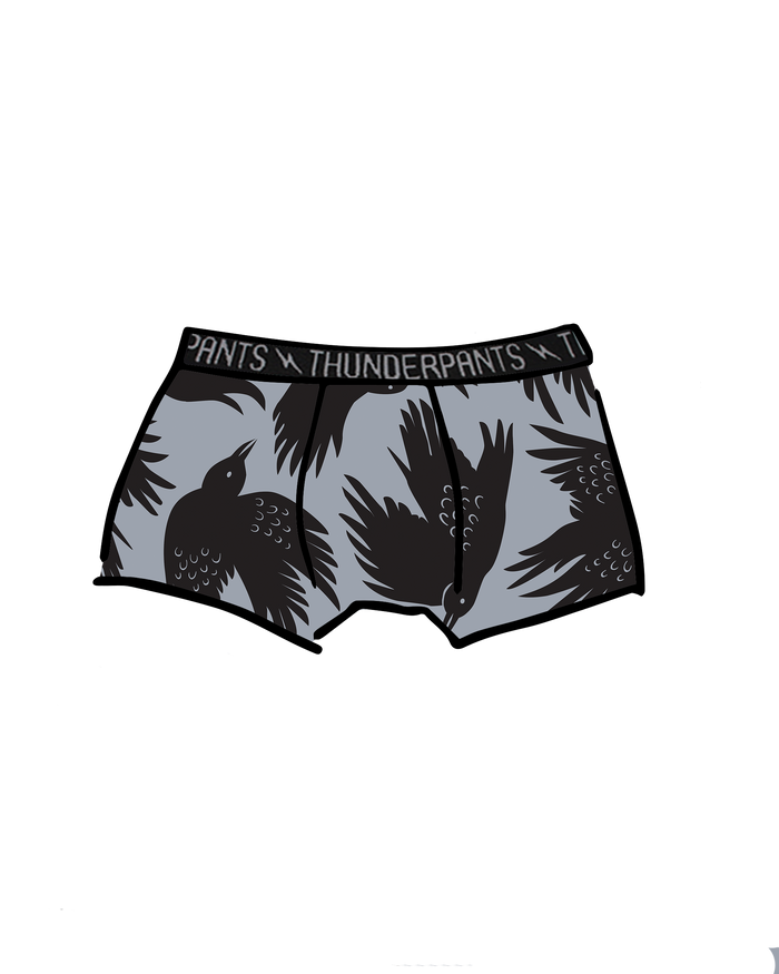 Drawing of Thunderpants Kid's Boxer Brief style underwear in So it Crows print.