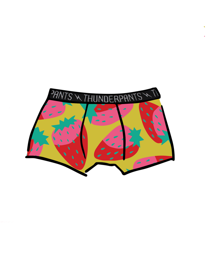 Drawing of Thunderpants Kid's Boxer Brief style underwear in Strictly Strawberry print.