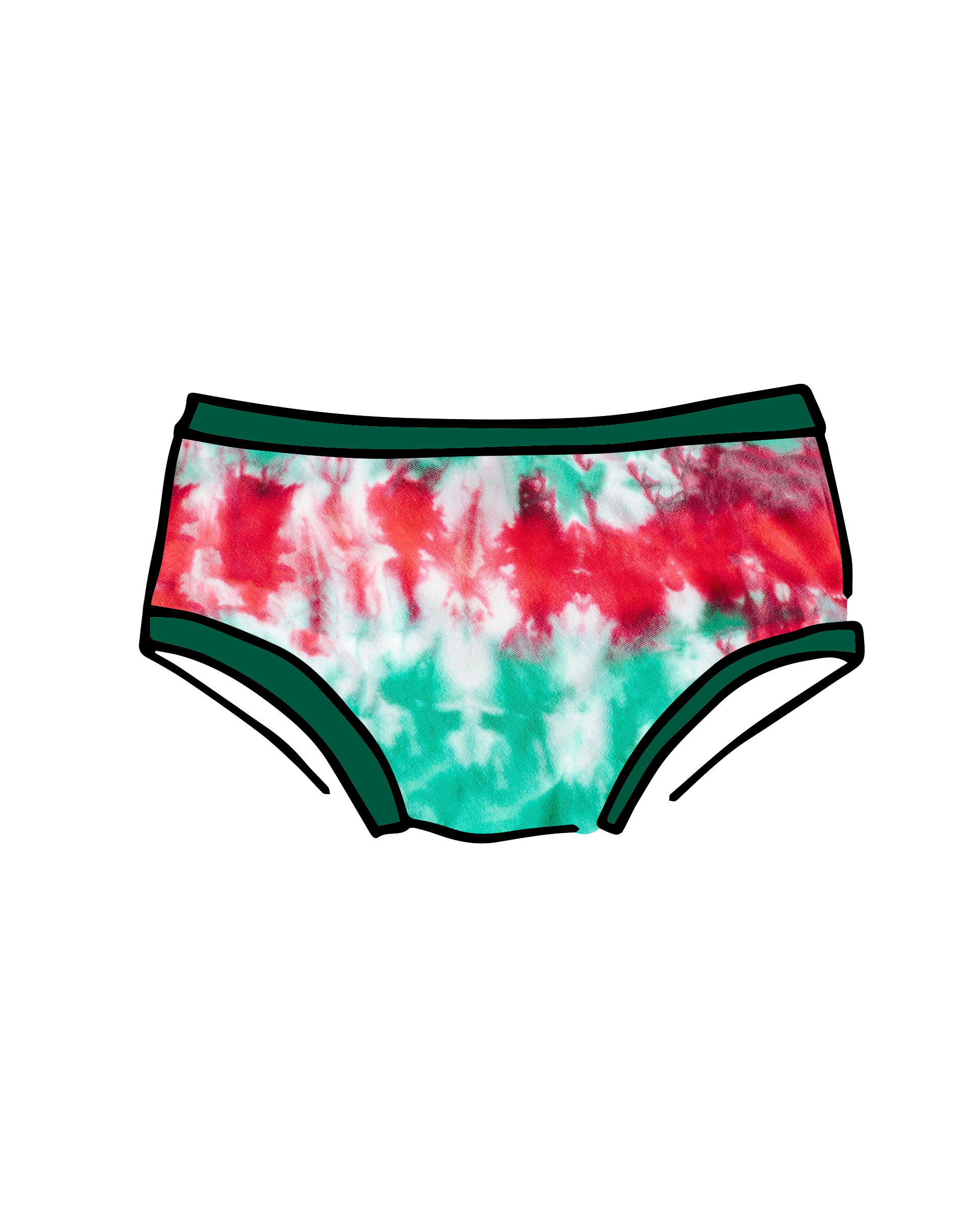 Drawing of Thunderpants Kid's style underwear in Holiday Dye - red and green tie dye with green binding. 