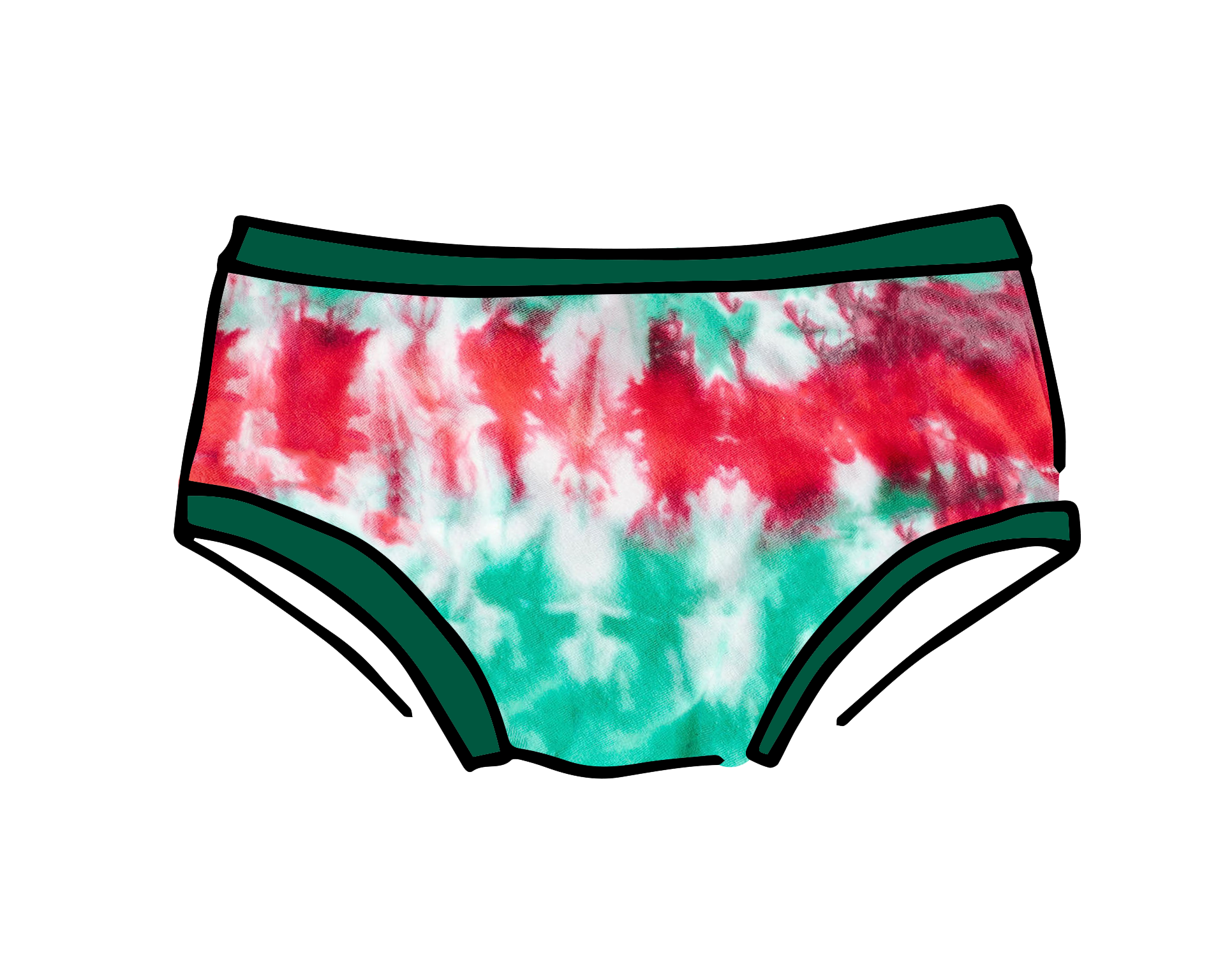 Drawing of Thunderpants Kid's style underwear in Holiday Dye - red and green tie dye with green binding. 