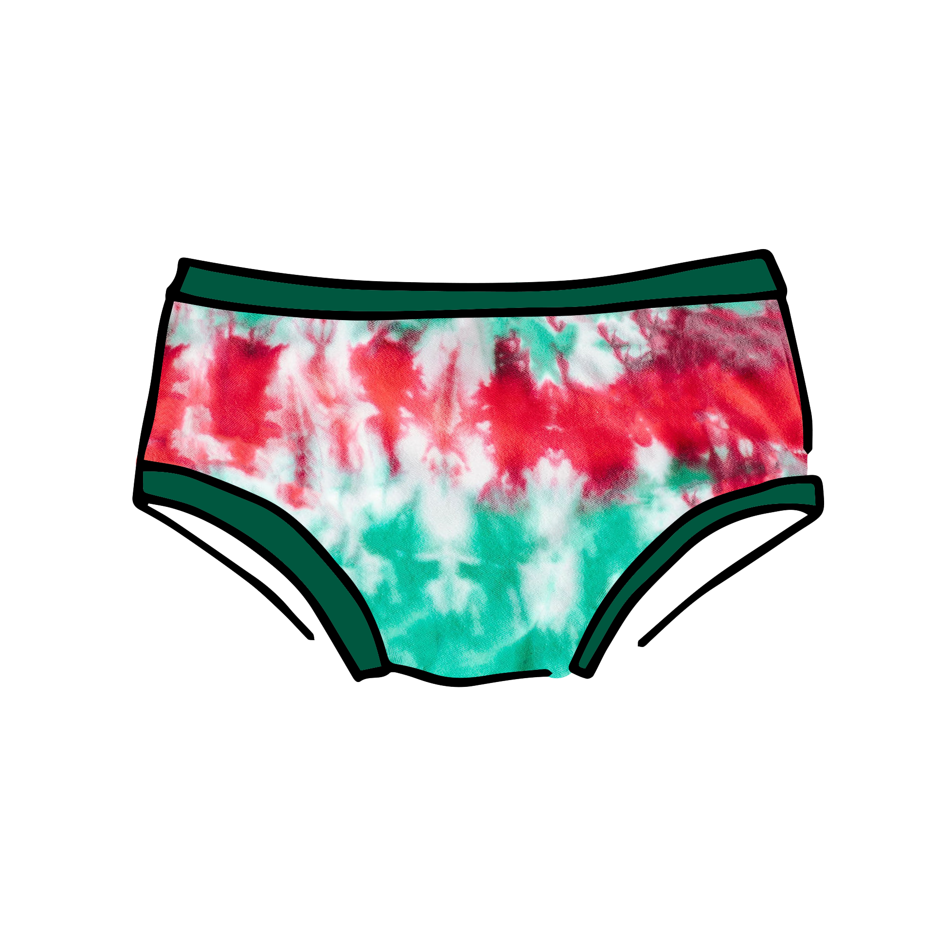 Drawing of Thunderpants Kid's style underwear in Holiday Dye - red and green tie dye with green binding. 