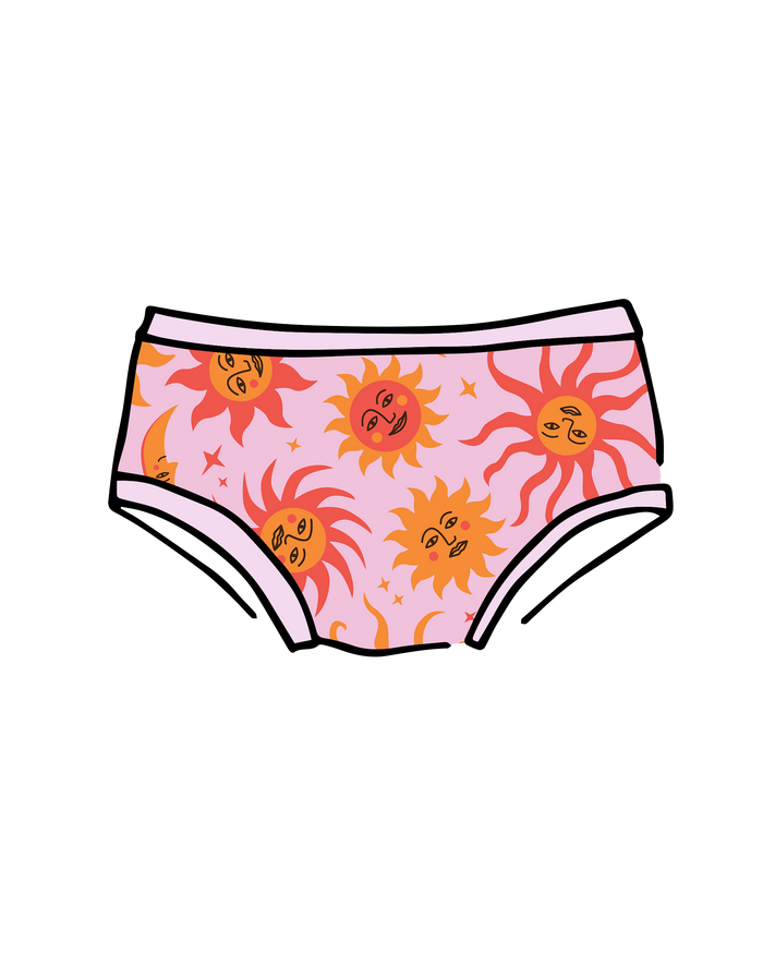 Drawing of Thunderpants Kid's Original style underwear in Luna y Sol print.
