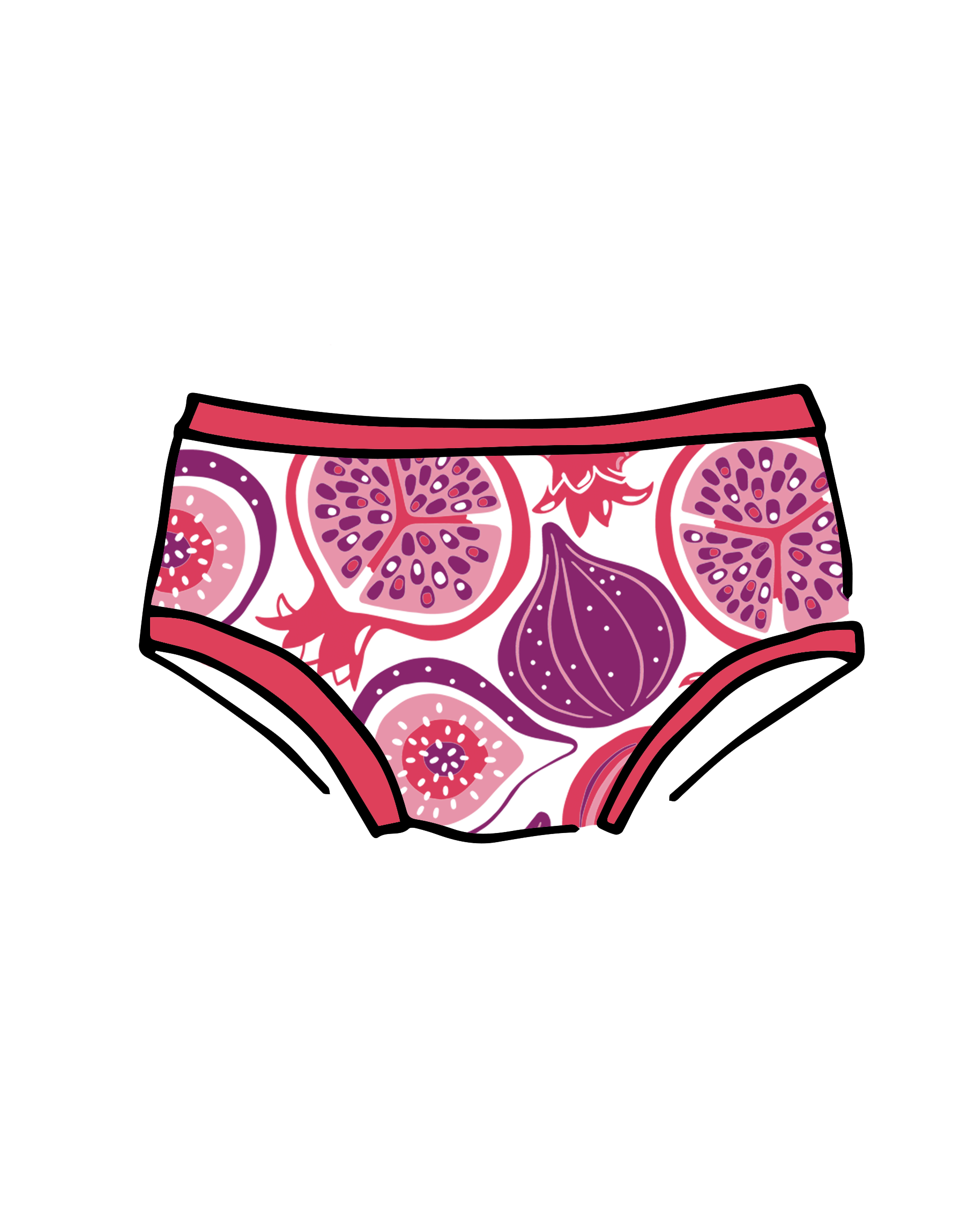 Drawing of Thunderpants Kids style underwear in Two Fruits print. 