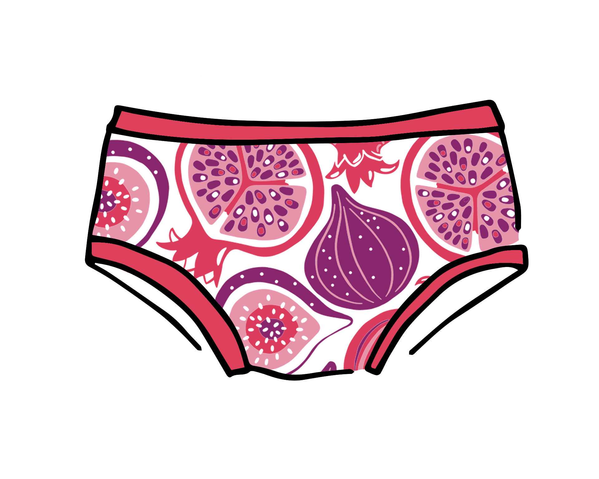 Drawing of Thunderpants Kids style underwear in Two Fruits print. 