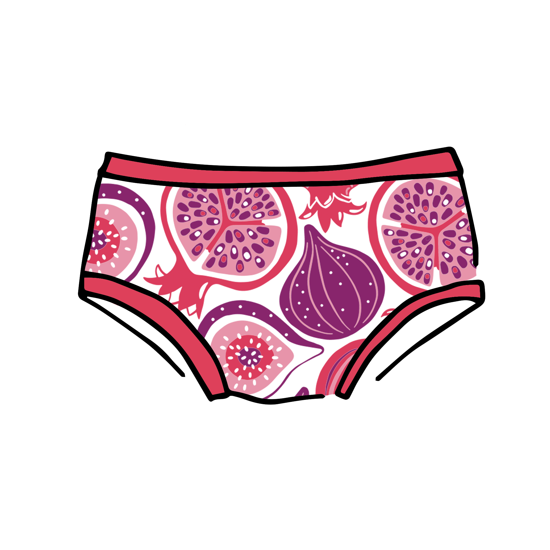 Drawing of Thunderpants Kids style underwear in Two Fruits print. 