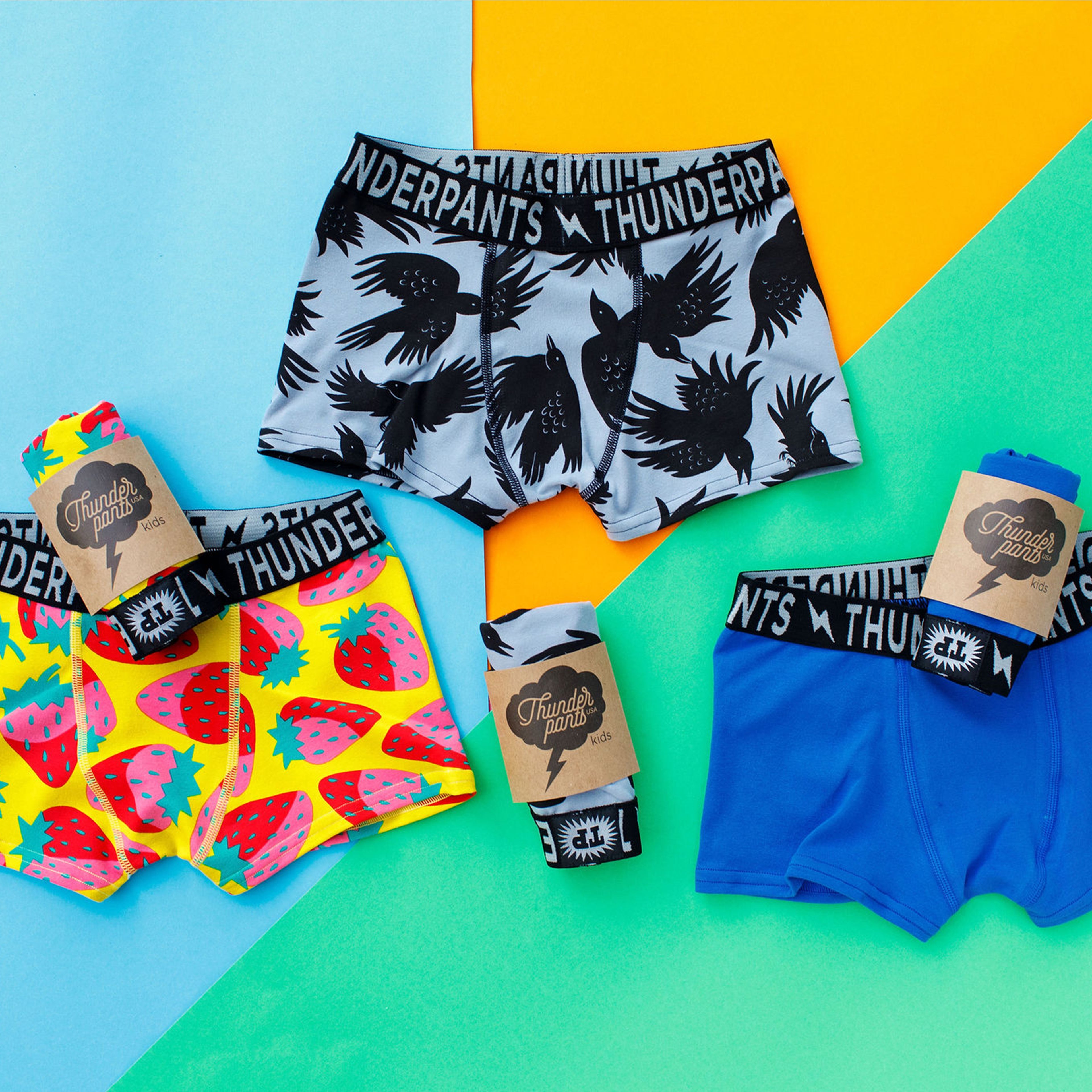 Flat lay of three Thunderpants Kids Boxer Brief style underwear in So it Crows, Strictly Strawberry, and Blueberry Blue.