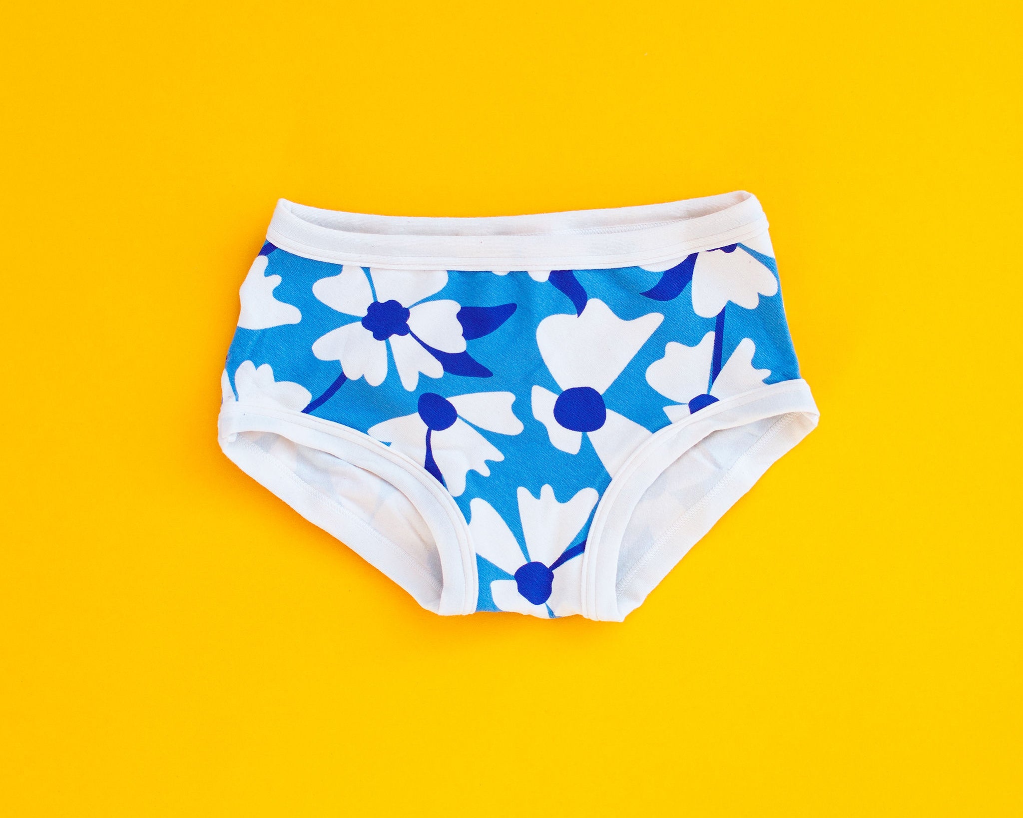 Flat lay of Thunderpants Kids style underwear in Moody Blooms - blue and white flowers.