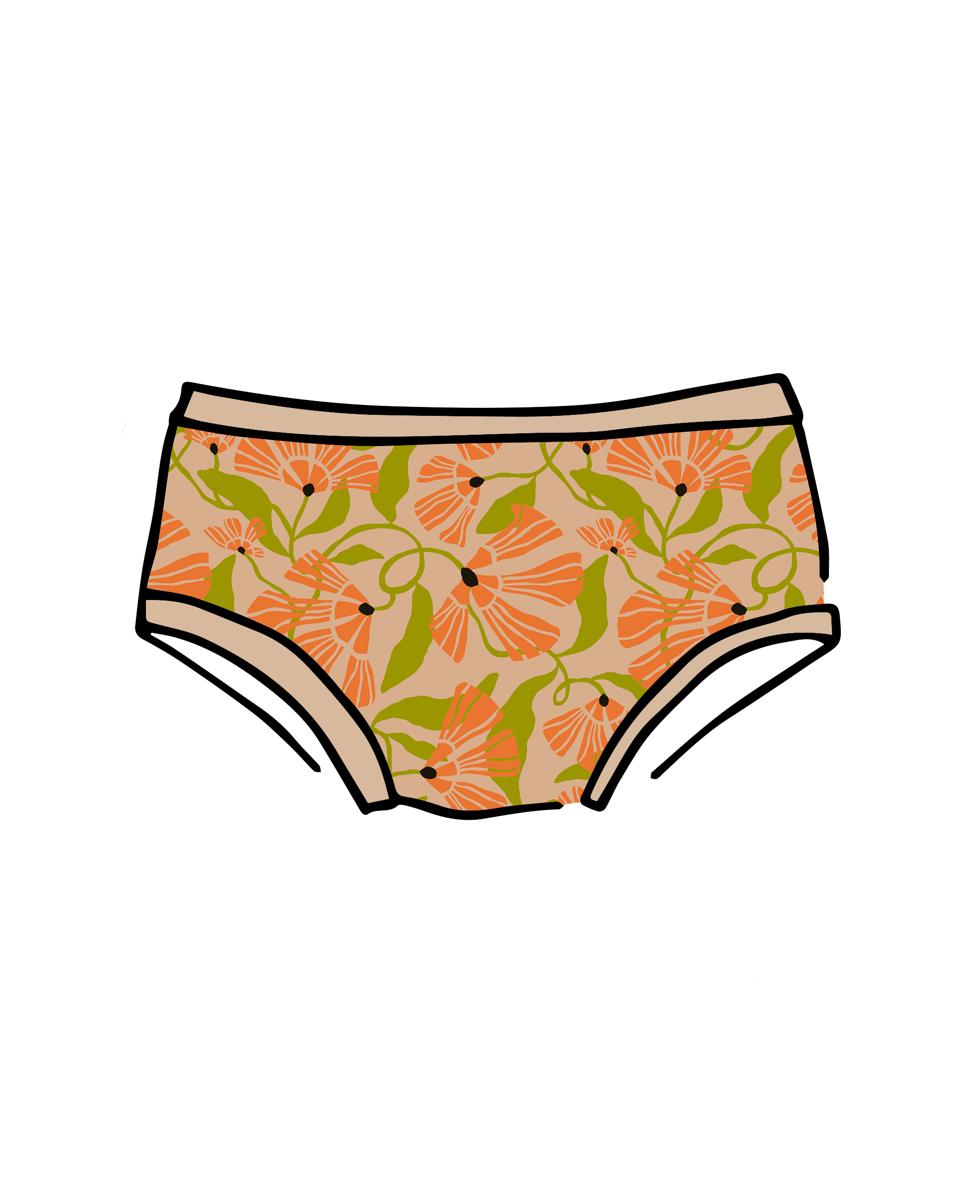 Drawing of Thunderpants Kid's style underwear in Secret Garden - orange and green flowers.
