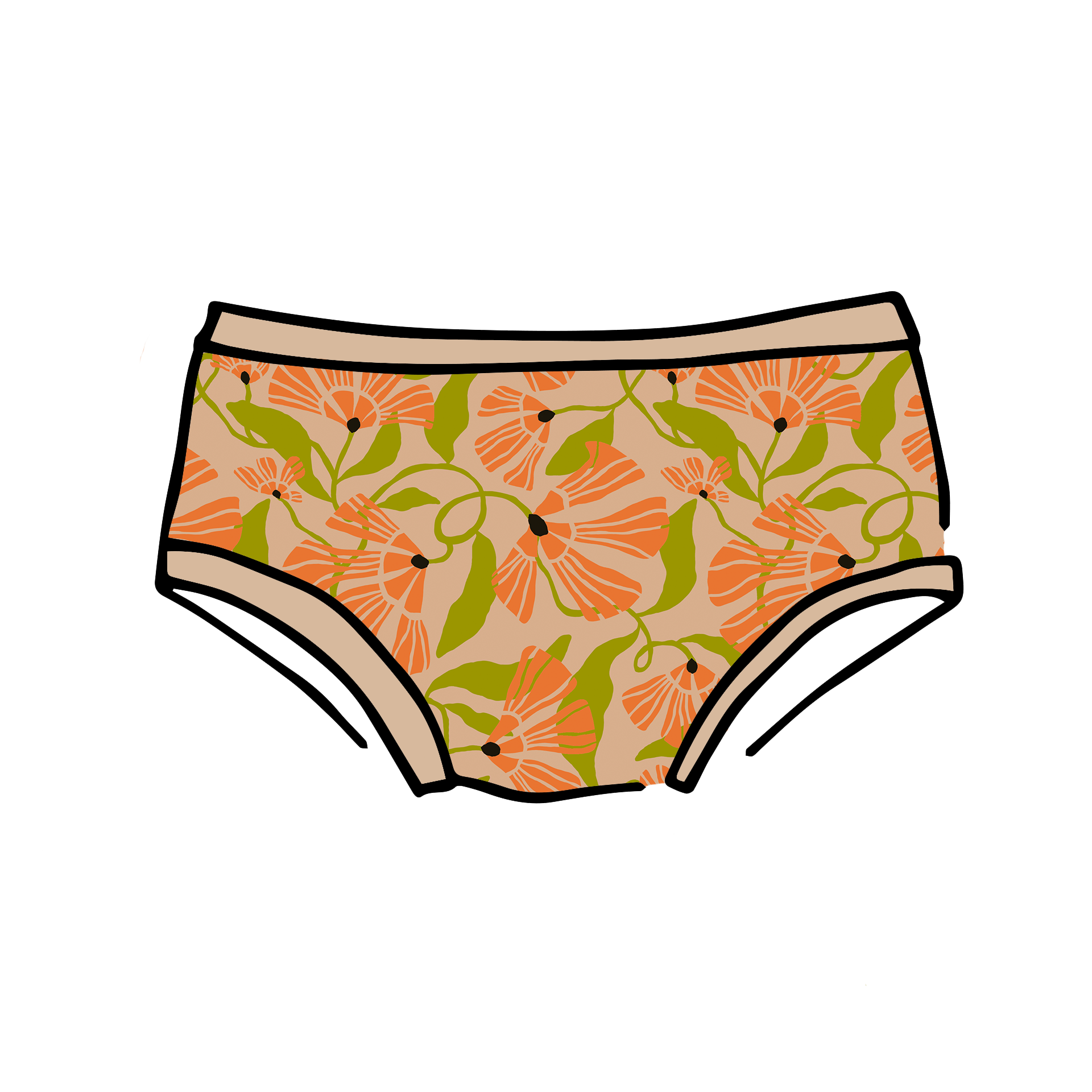 Drawing of Thunderpants Kid's style underwear in Secret Garden - orange and green flowers.