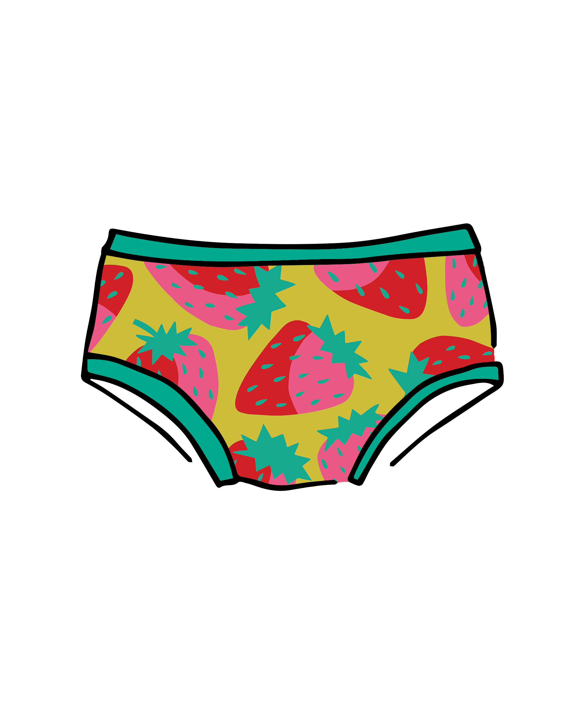 Drawing of Thunderpants Kid's style underwear in Strictly Strawberry - pink, red, and green strawberries.