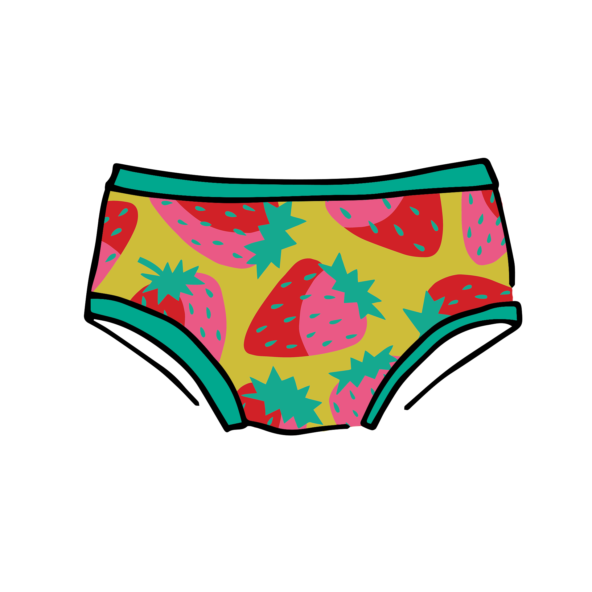 Drawing of Thunderpants Kid's style underwear in Strictly Strawberry - pink, red, and green strawberries.