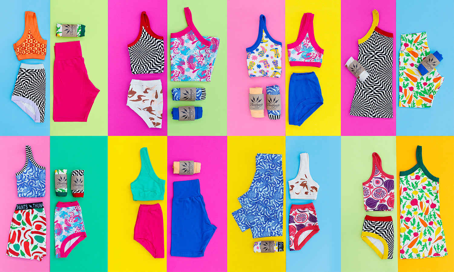 Many different Thunderpants items in various prints and styles.