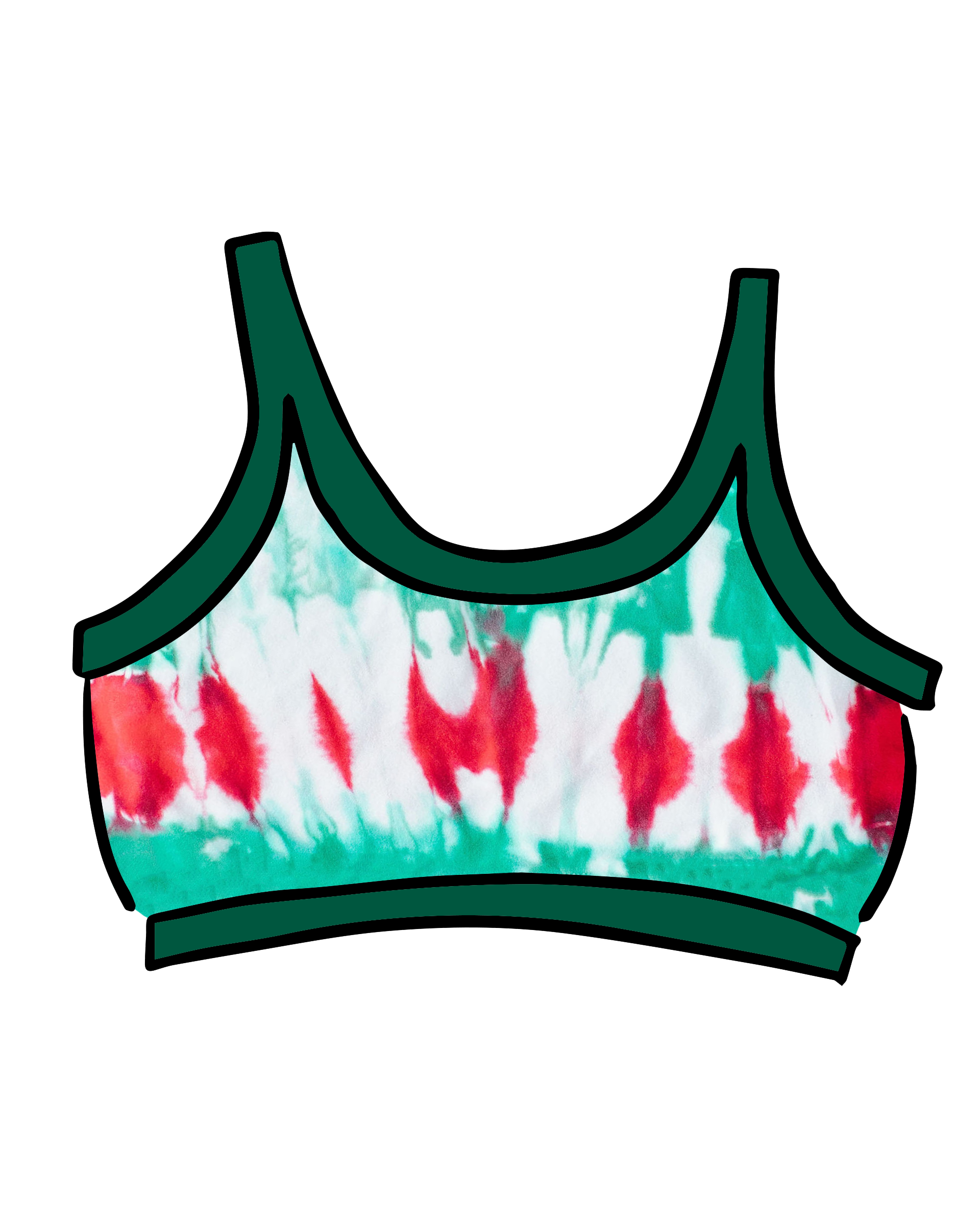 Drawing of Thunderpants Longline Bra in Holiday Dye - red and green tie dye with green binding. 