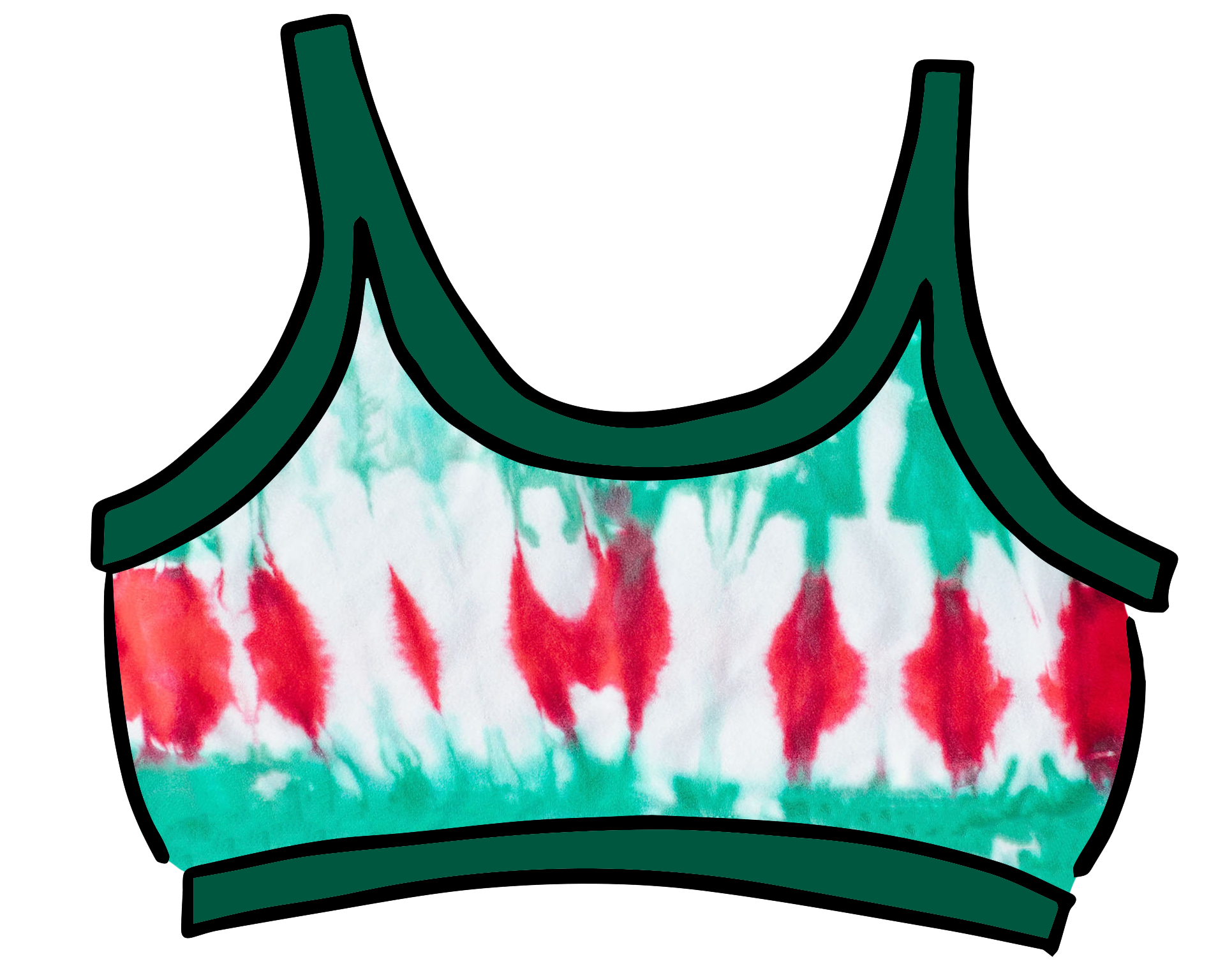 Drawing of Thunderpants Longline Bra in Holiday Dye - red and green tie dye with green binding. 