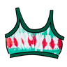 Drawing of Thunderpants Longline Bra in Holiday Dye - red and green tie dye with green binding. 