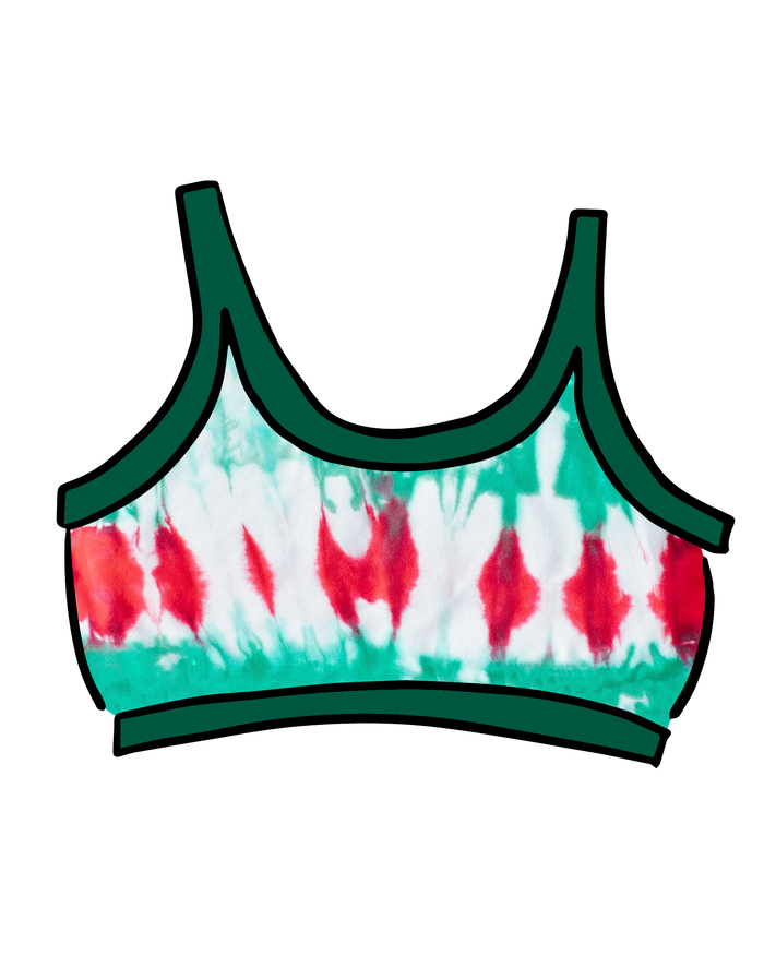 Drawing of Thunderpants Longline Bra in Holiday Dye - red and green tie dye with green binding. 