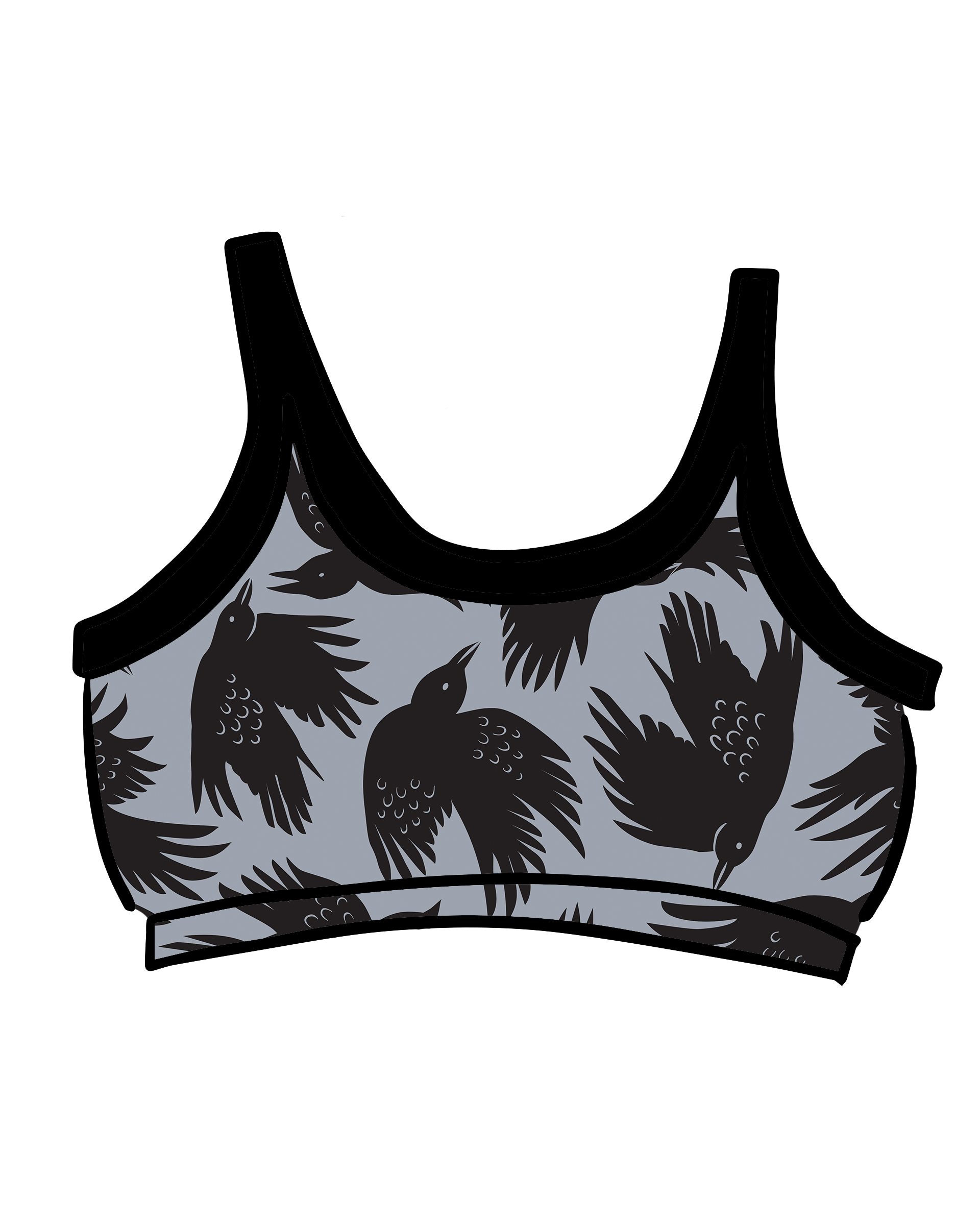 Drawing of Thunderpants Longline Bra in So it Crows - black crows on grey.