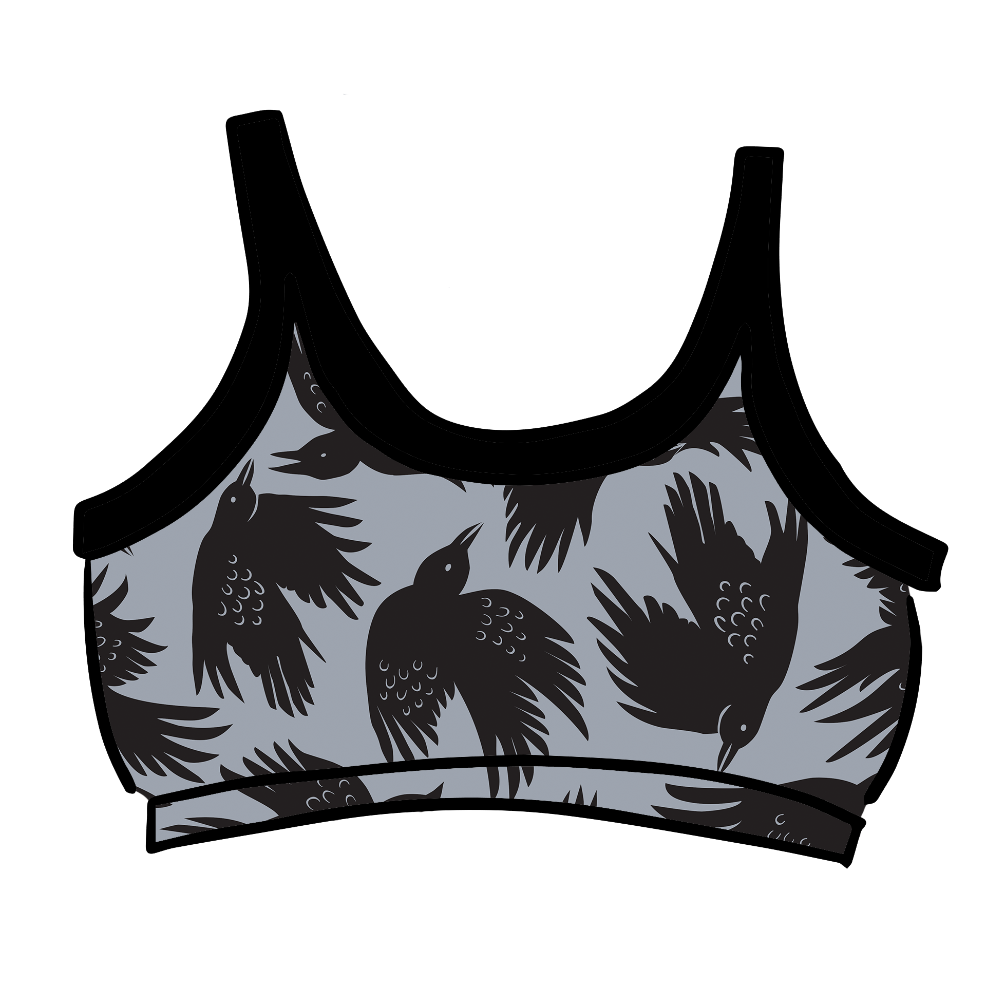 Drawing of Thunderpants Longline Bra in So it Crows - black crows on grey.