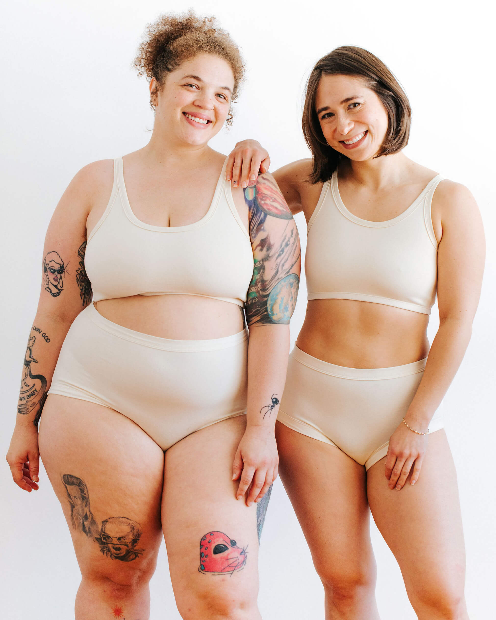 Fit photo from the front of Thunderpants organic cotton Longline Bra and Original style underwear on two models.