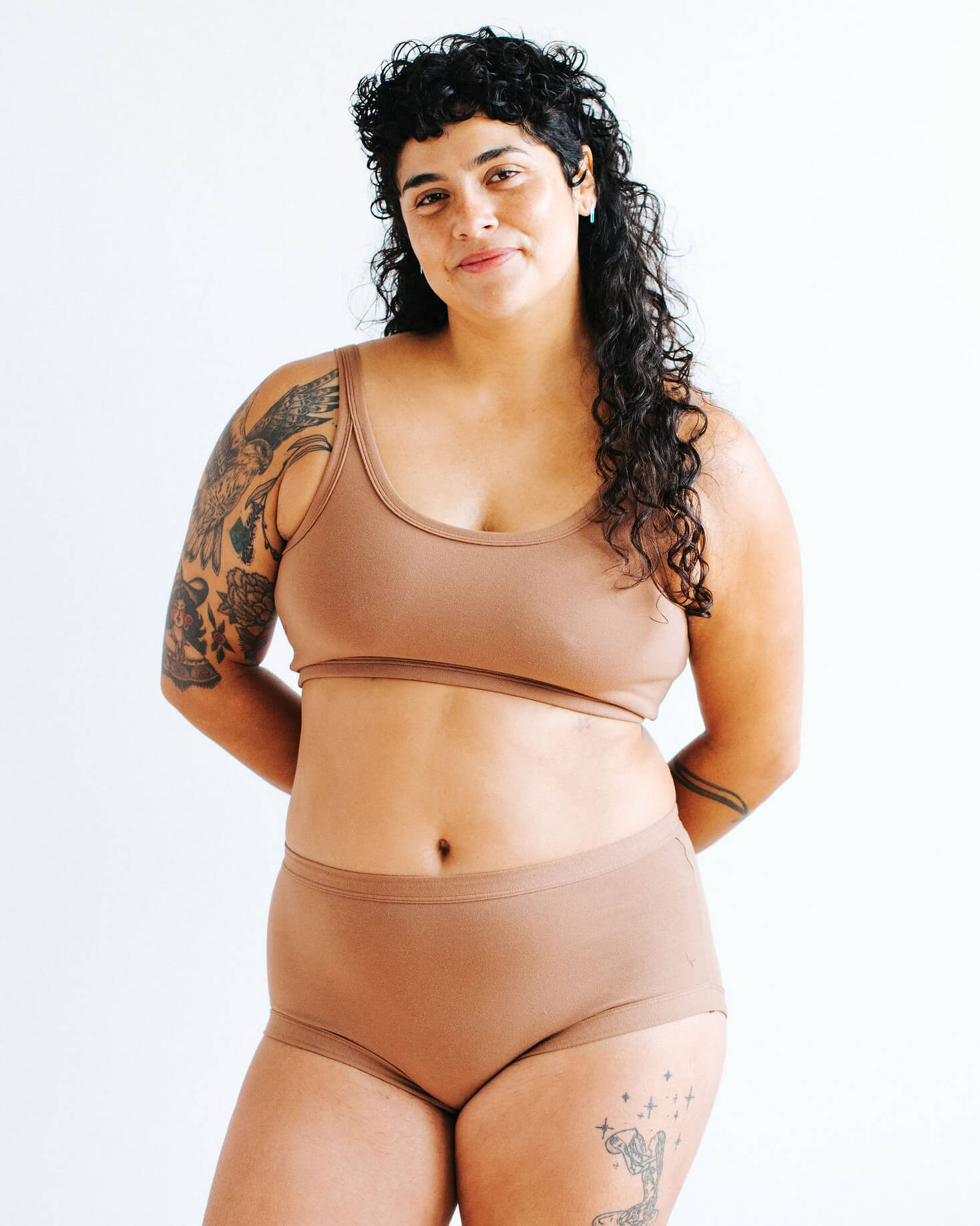 Model wearing Thunderpants Longline Bra and Original style underwear in Hazelnut color.