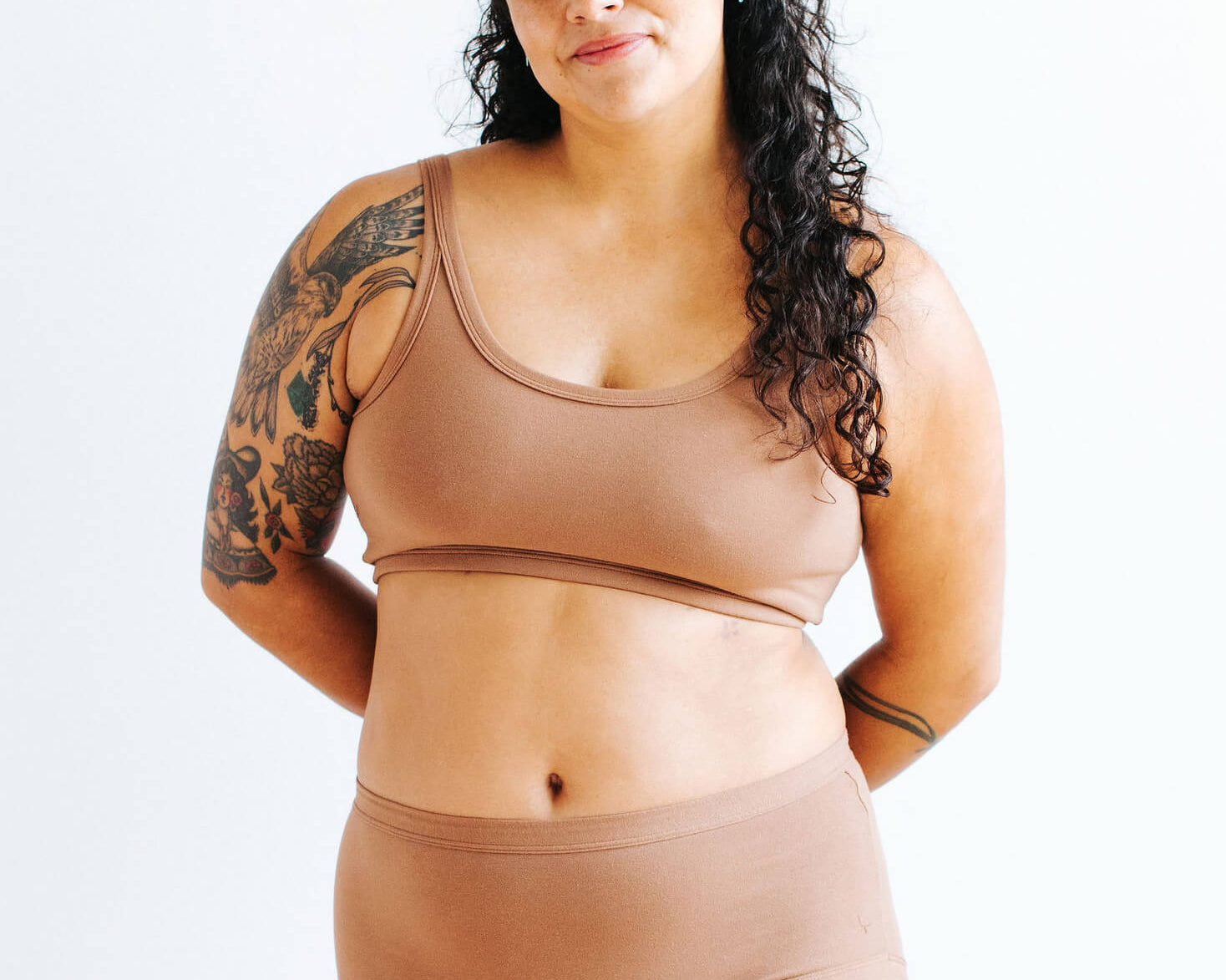 Model wearing Thunderpants Longline Bra and Original style underwear in Hazelnut color.