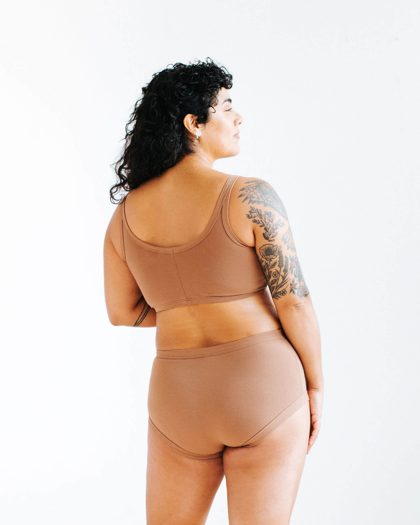 Model wearing Thunderpants Longline Bra and Original style underwear in Hazelnut color.