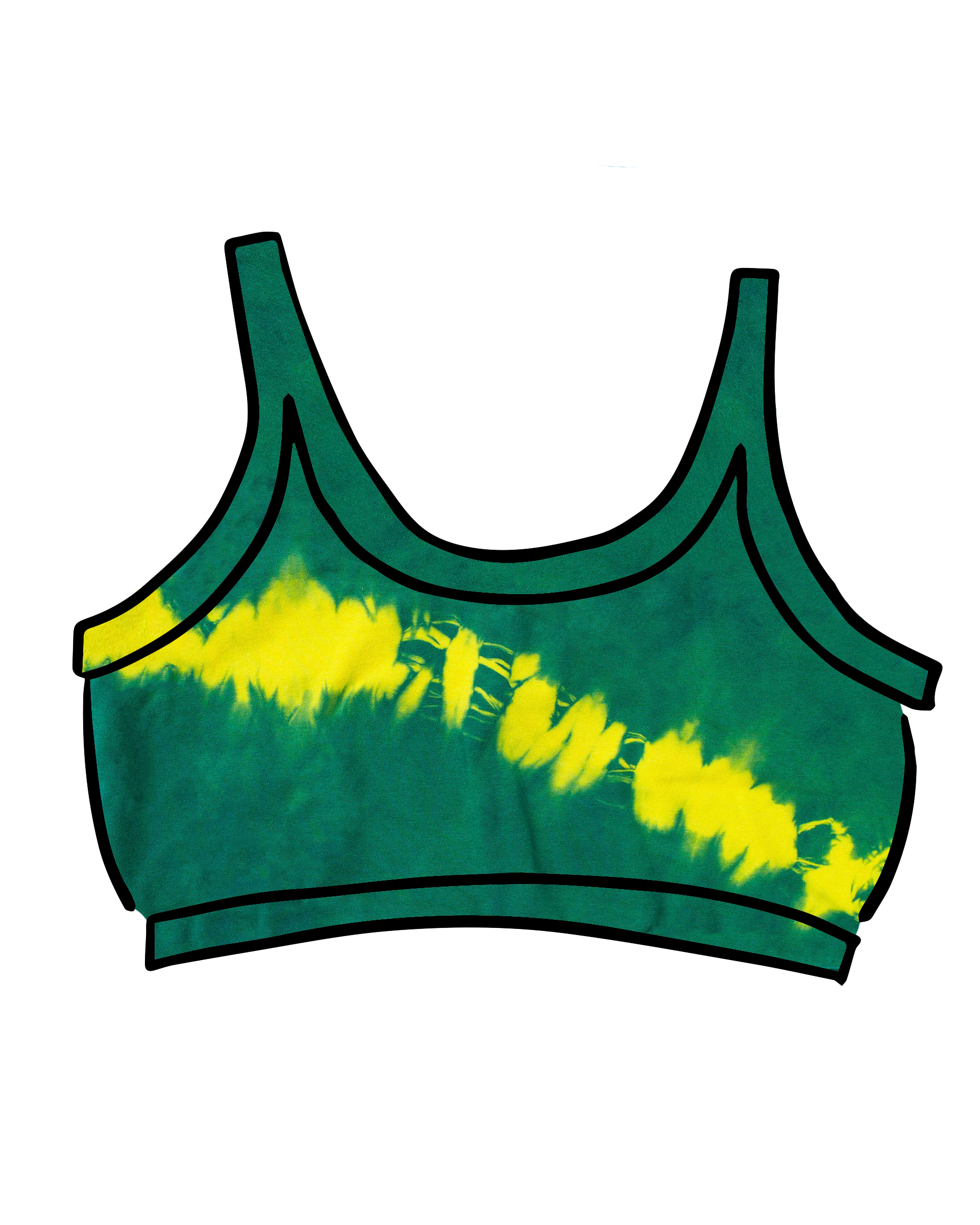 Drawing of Thunderpants Longline Bra in Lightning Bolt Hand Dye - blue/green with yellow stripe.