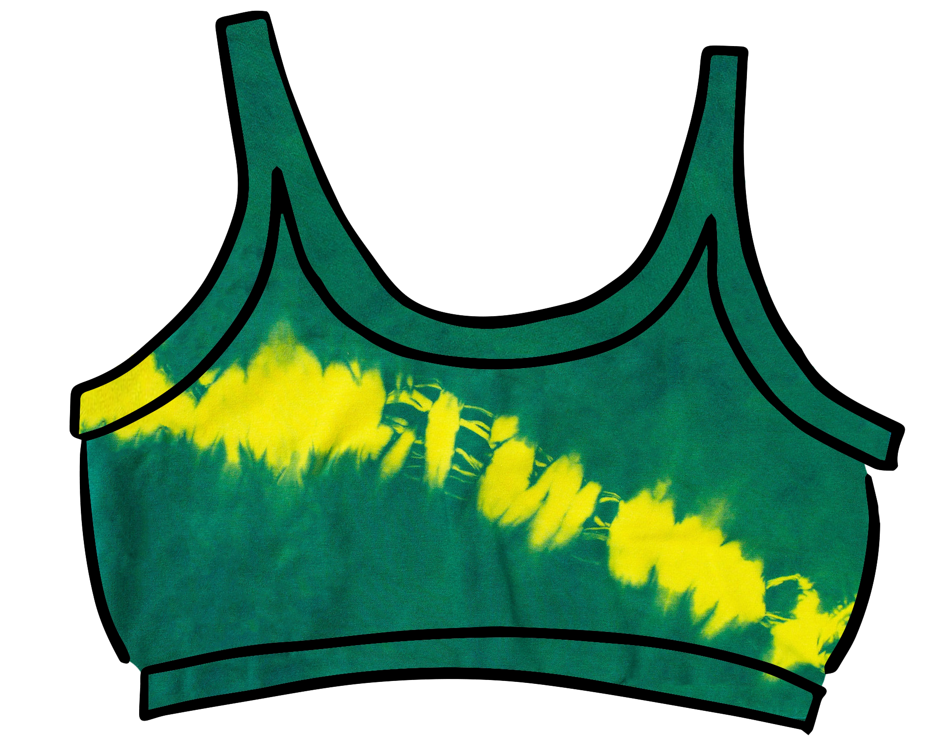 Drawing of Thunderpants Longline Bra in Lightning Bolt Hand Dye - blue/green with yellow stripe.