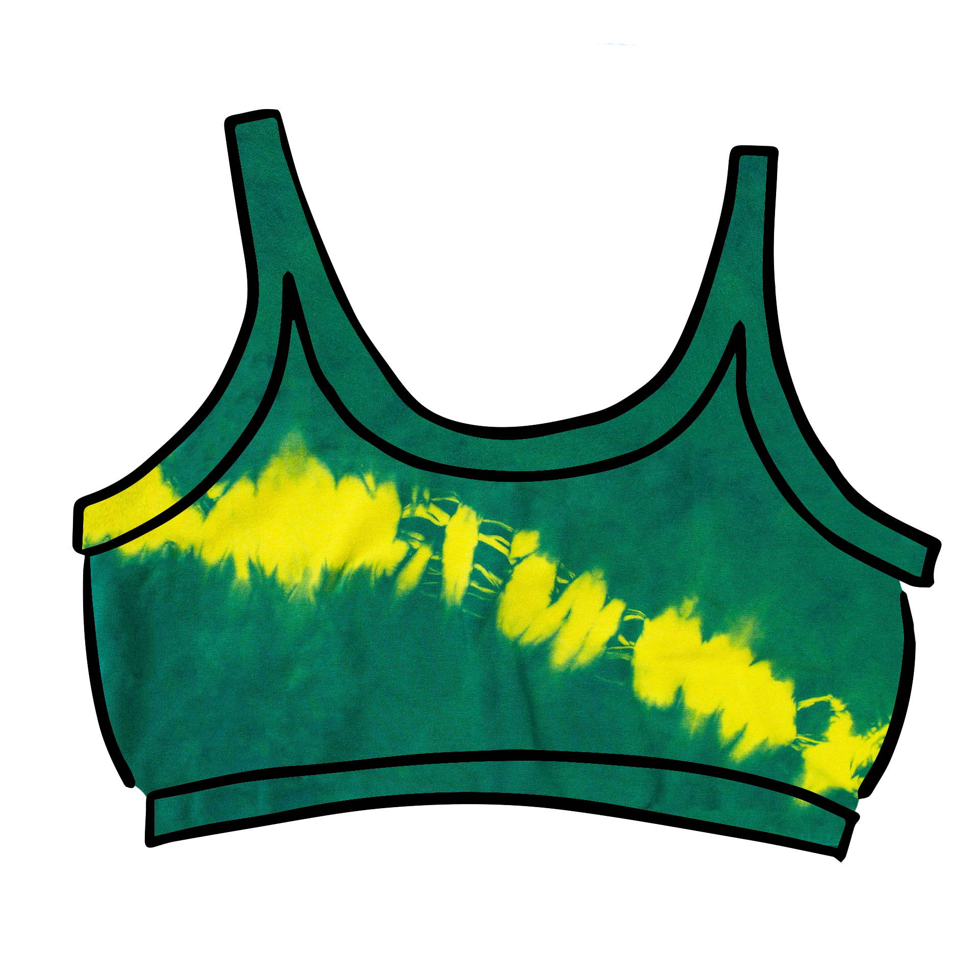 Drawing of Thunderpants Longline Bra in Lightning Bolt Hand Dye - blue/green with yellow stripe.