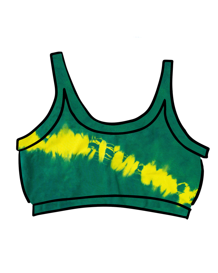 Drawing of Thunderpants Longline Bra in Lightning Bolt Hand Dye - blue/green with yellow stripe.