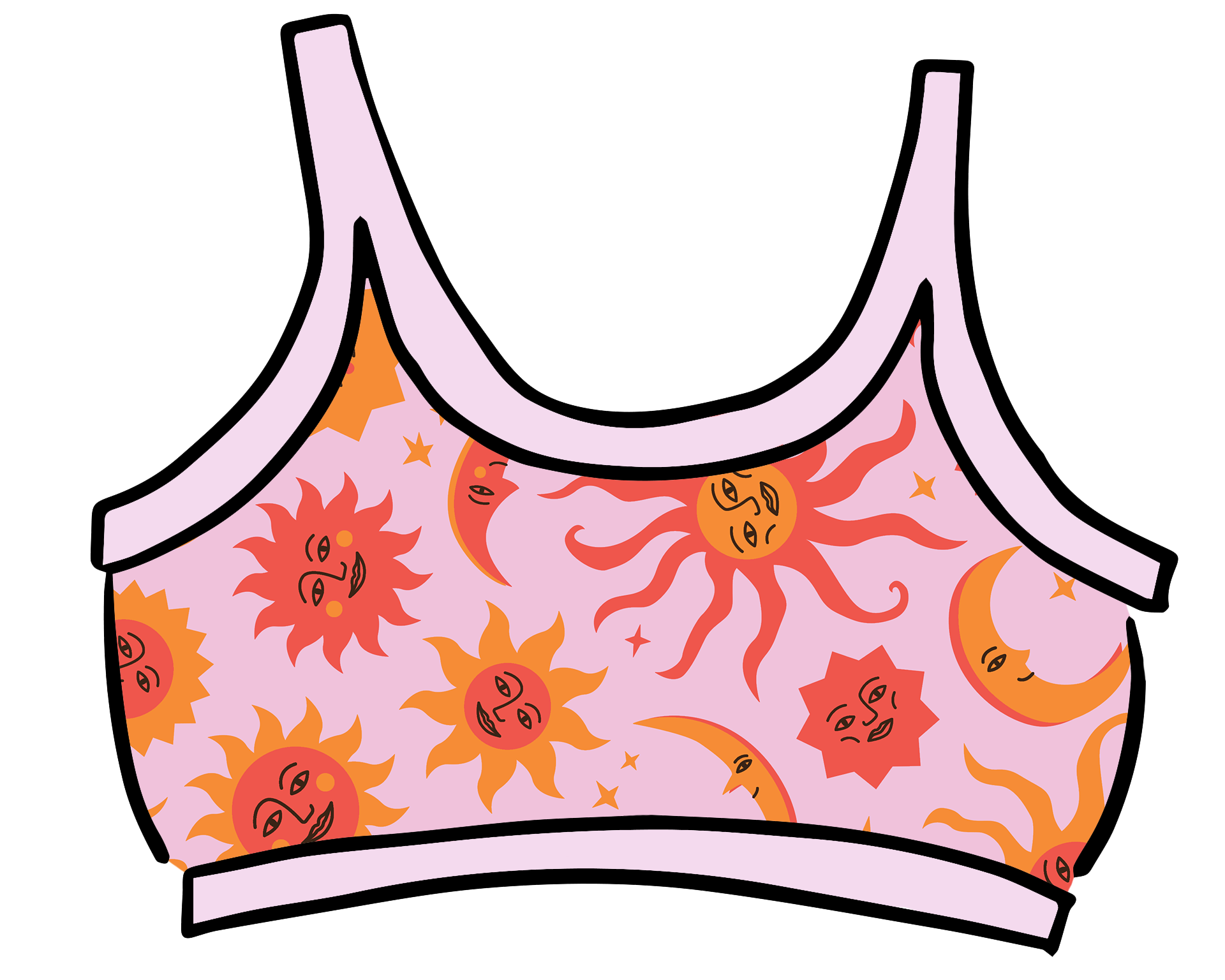 Drawing of Thunderpants Longline Bra in Luna y Sol print - pink, yellow, and orange suns and moons.