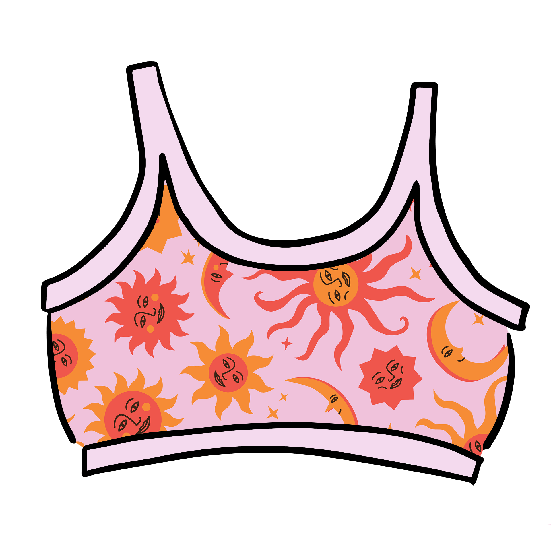 Drawing of Thunderpants Longline Bra in Luna y Sol print - pink, yellow, and orange suns and moons.
