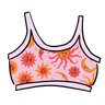 Drawing of Thunderpants Longline Bra in Luna y Sol print - pink, yellow, and orange suns and moons.