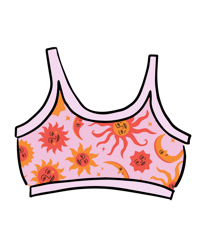 Drawing of Thunderpants Longline Bra in Luna y Sol print - pink, yellow, and orange suns and moons.