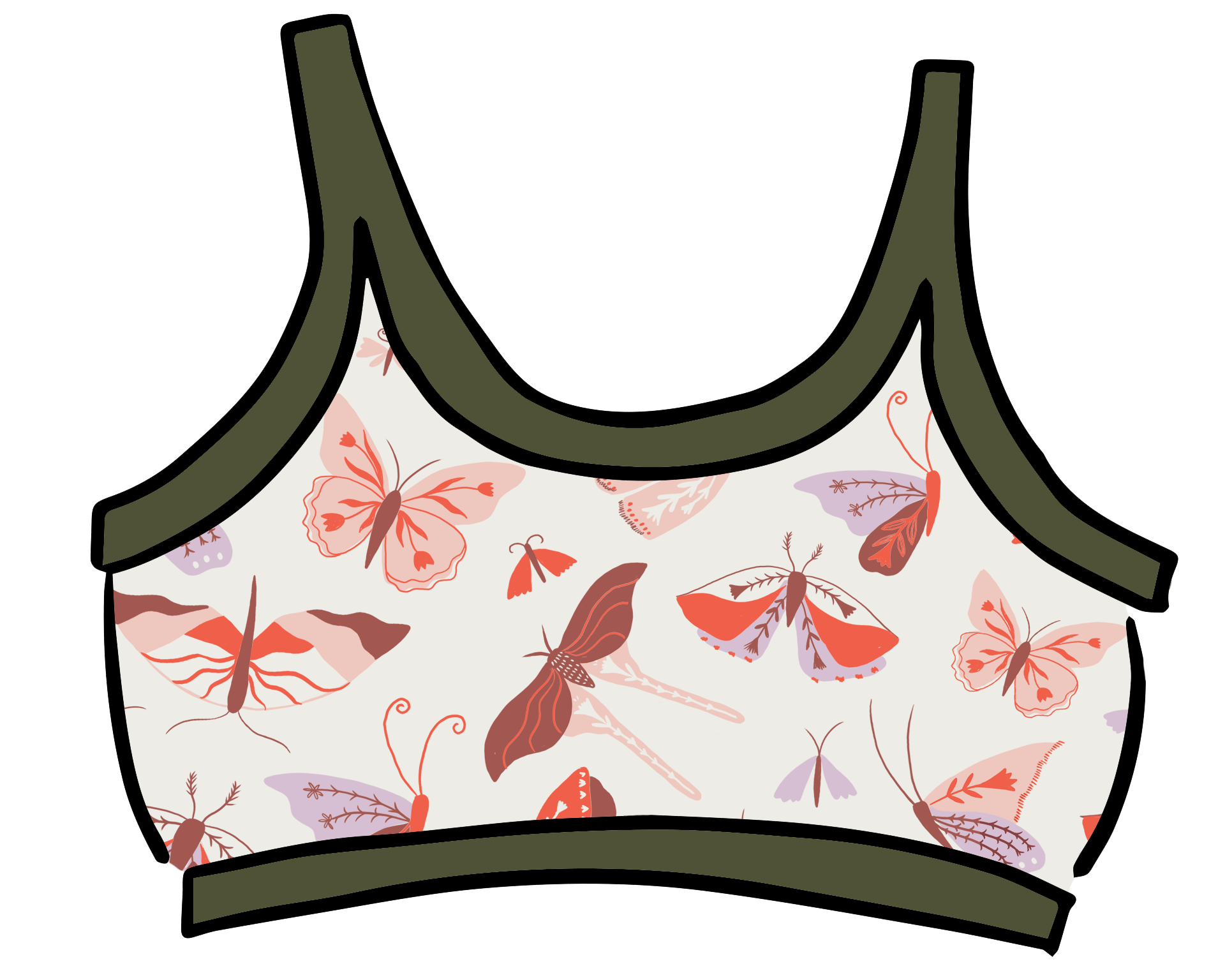 Drawing of Thunderpants Longline Bra in Field Study: a moth print in red, orange, pink, and purple bound in green.