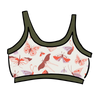 Drawing of Thunderpants Longline Bra in Field Study: a moth print in red, orange, pink, and purple bound in green.