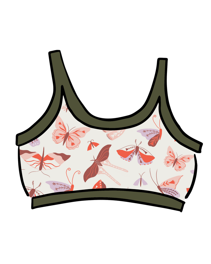 Drawing of Thunderpants Longline Bra in Field Study: a moth print in red, orange, pink, and purple bound in green.