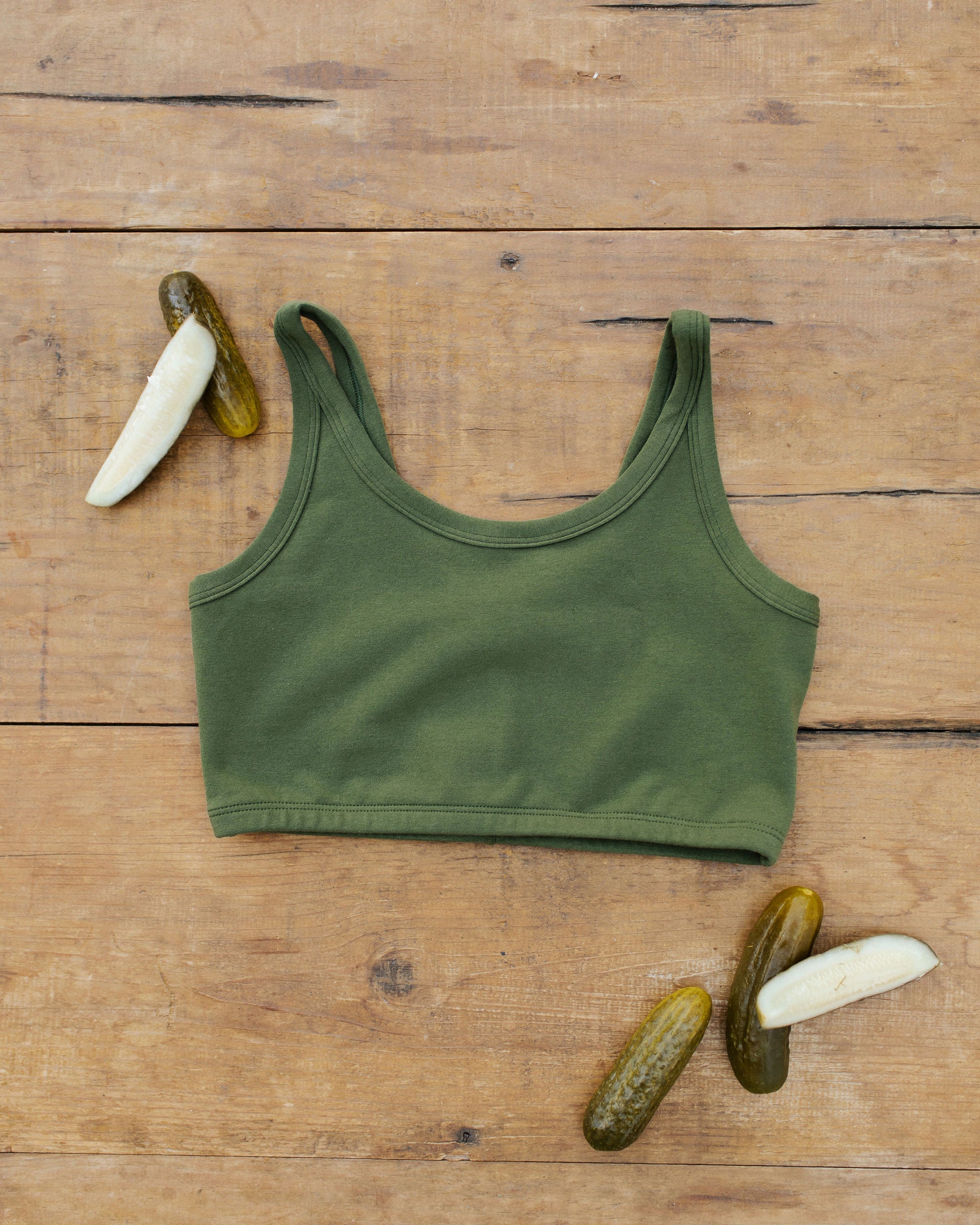 Flat lay of Thunderpants Longline Bra in Pickled Green.