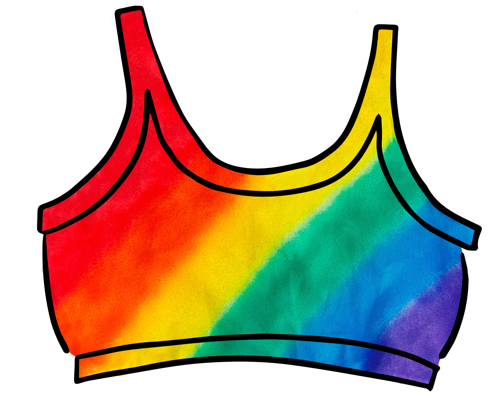 Drawing of Thunderpants organic cotton Longline Bra in hand painted rainbow stripes for Pride.