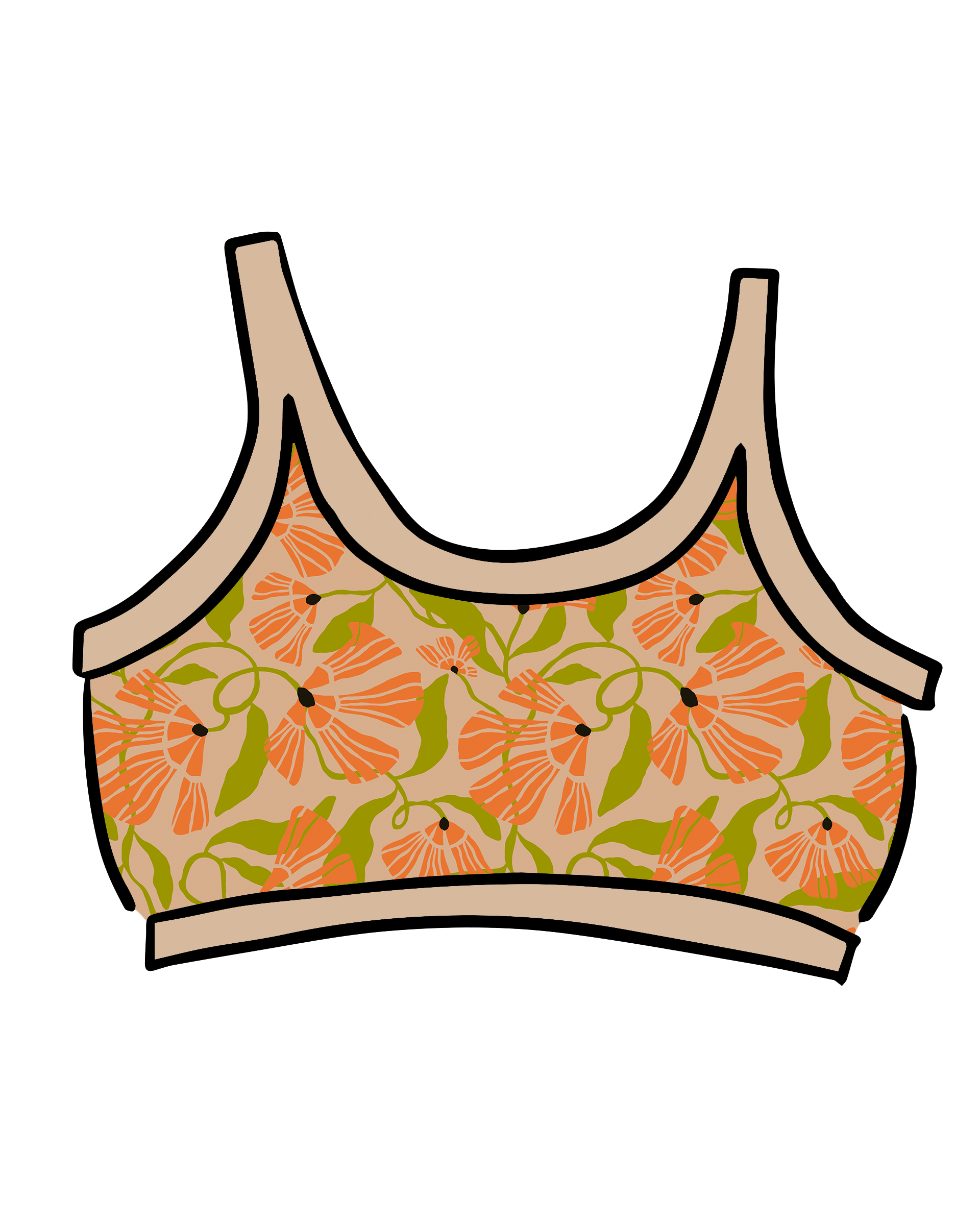 Drawing of Thunderpants Longline Bra in Secret Garden - orange flowers and green leaves.