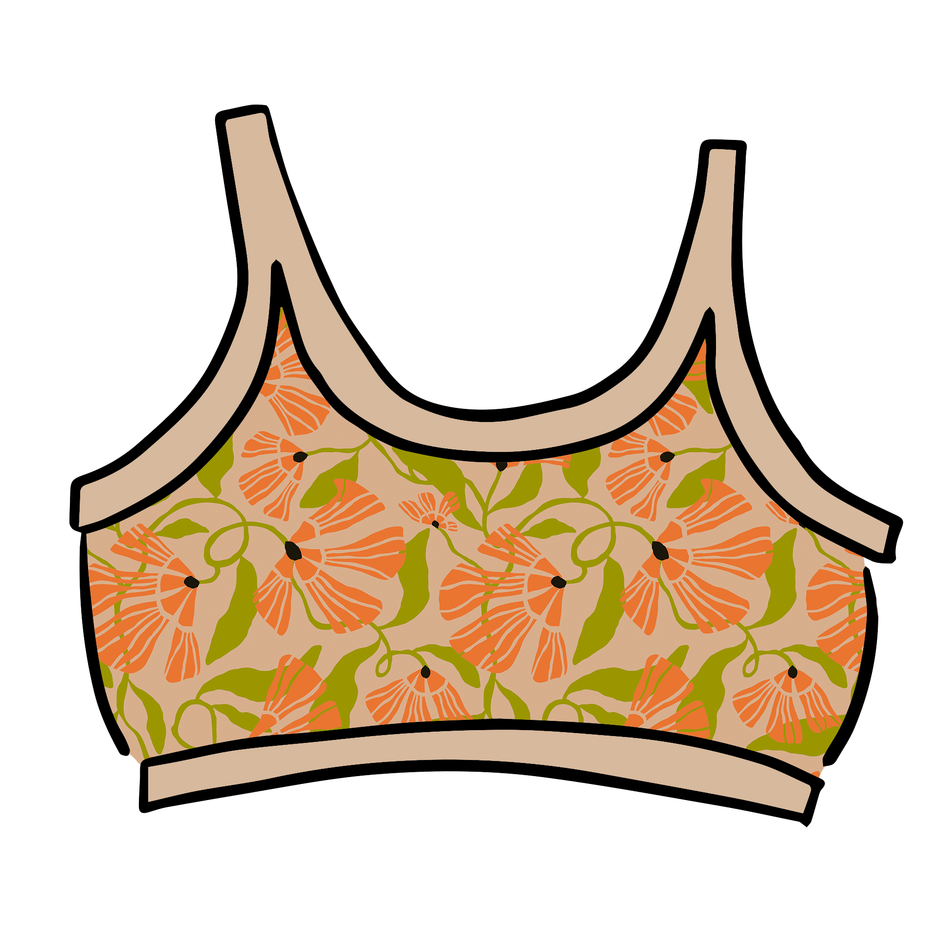 Drawing of Thunderpants Longline Bra in Secret Garden - orange flowers and green leaves.