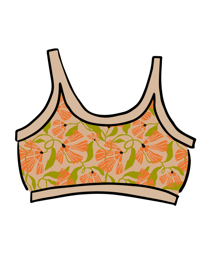 Drawing of Thunderpants Longline Bra in Secret Garden - orange flowers and green leaves.