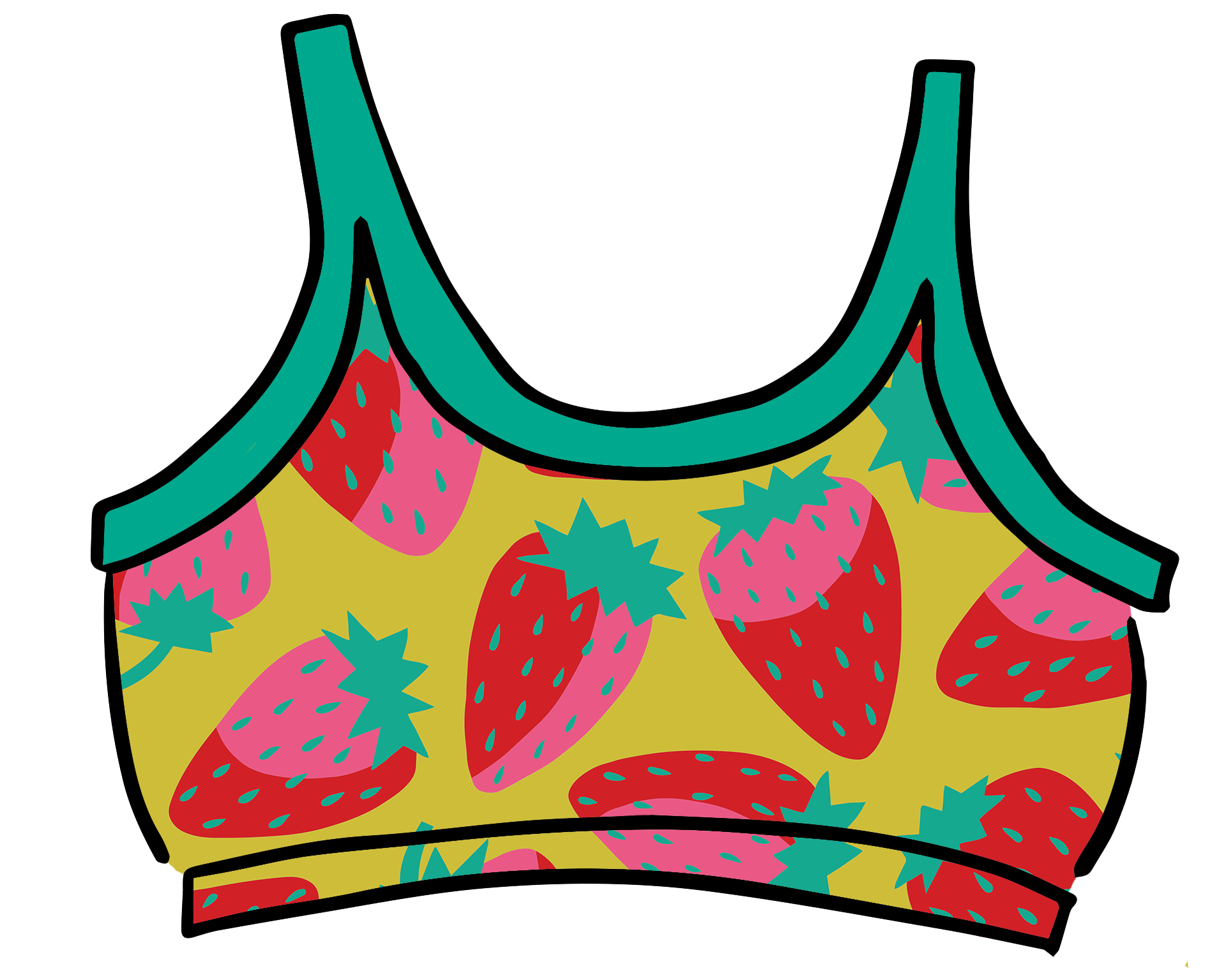Drawing of Thunderpants Longline Bra in a Strawberry print - pink, red, and peacock green on chartreuse. 