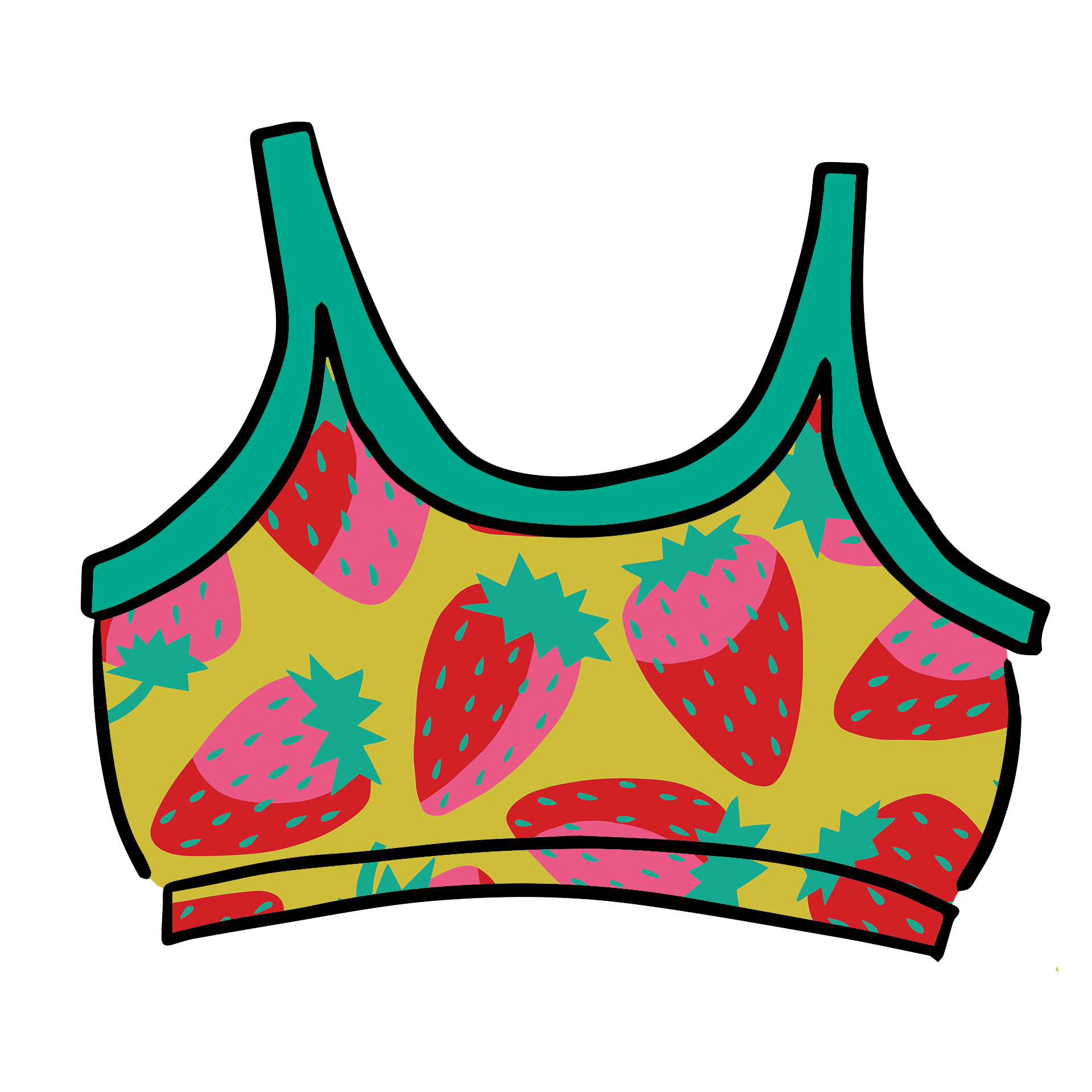 Drawing of Thunderpants Longline Bra in a Strawberry print - pink, red, and peacock green on chartreuse. 