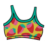 Drawing of Thunderpants Longline Bra in a Strawberry print - pink, red, and peacock green on chartreuse. 